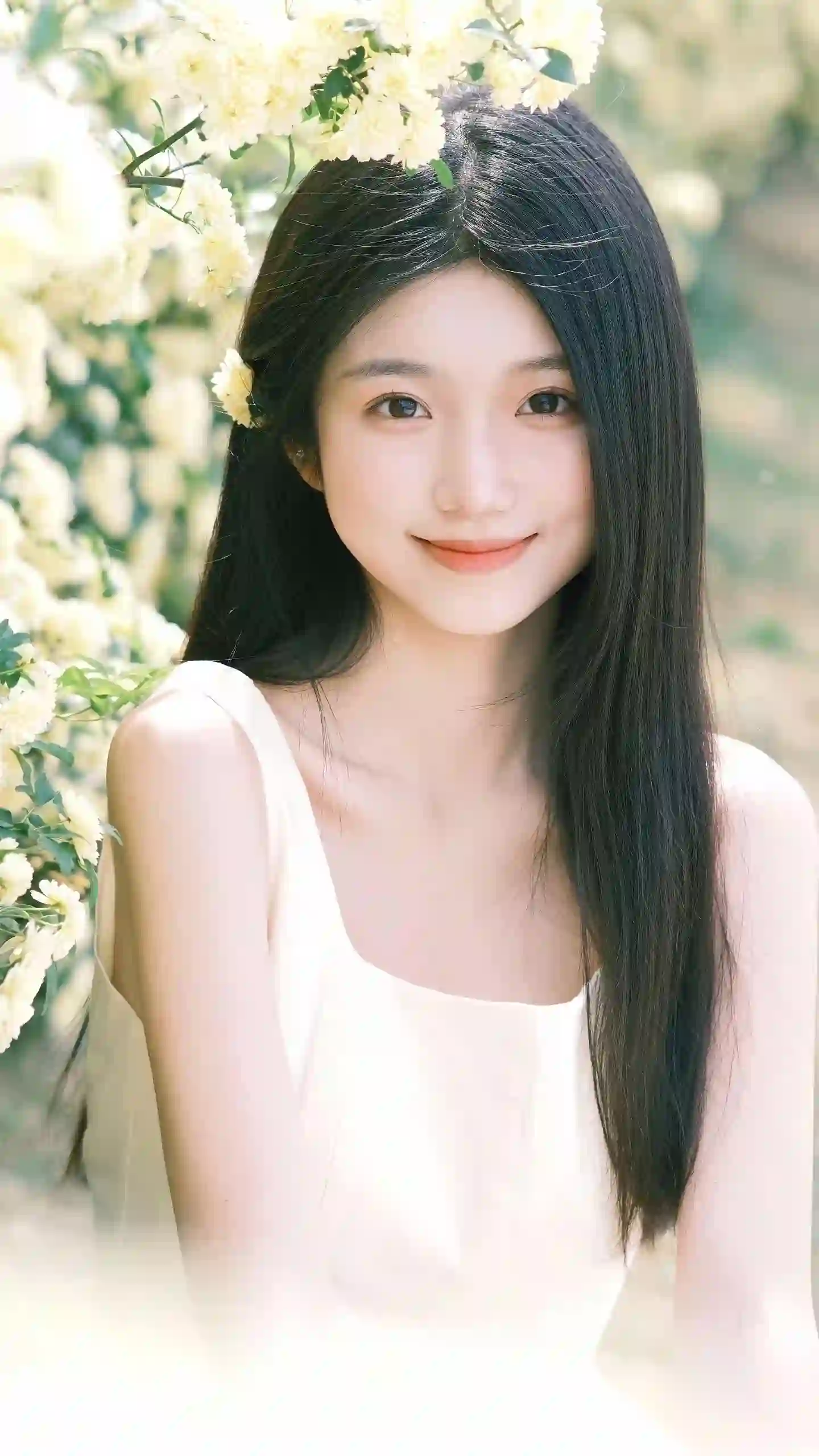 少女 写真 白色花朵 清新 长发 微笑 户外