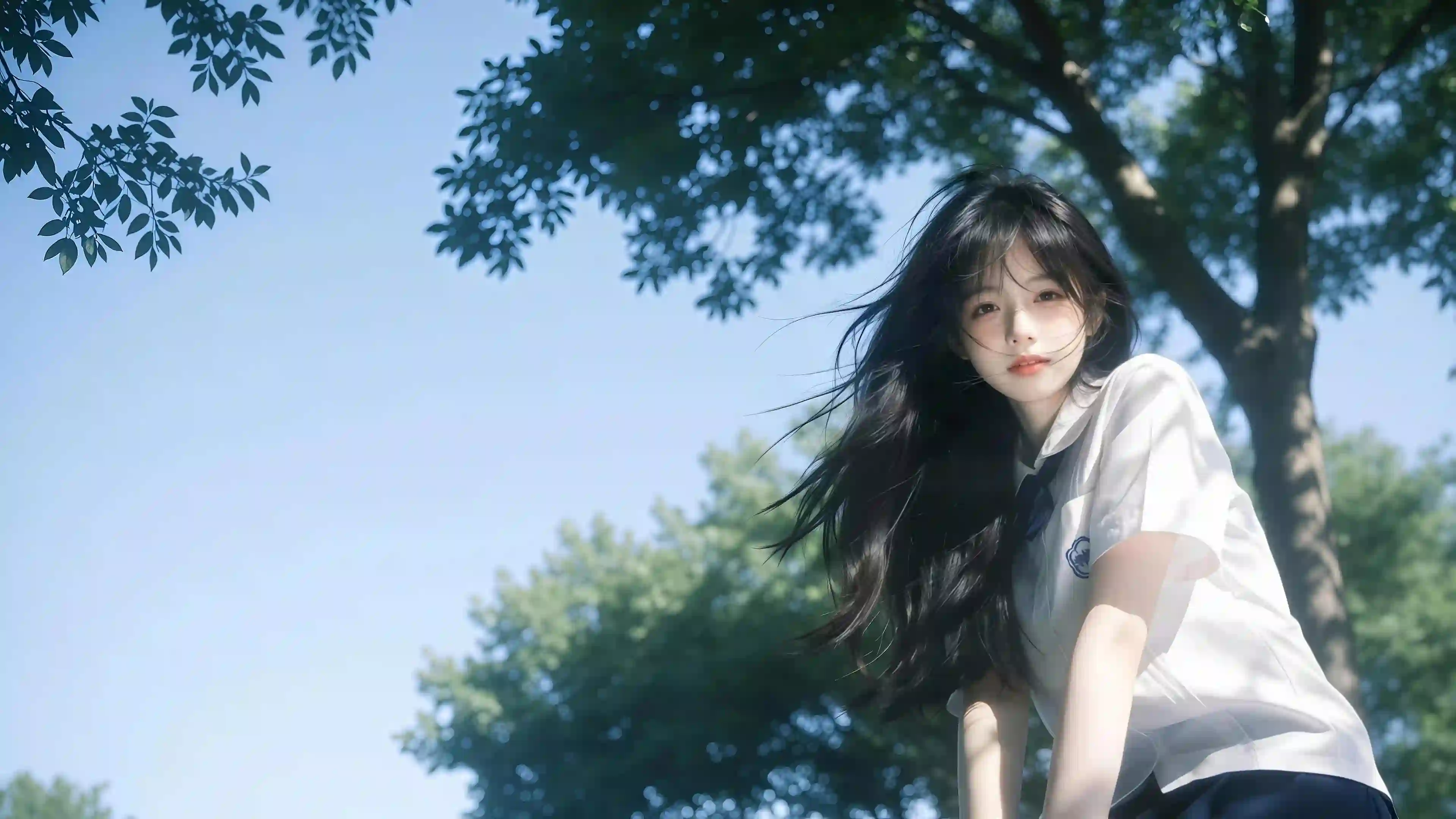 校园少女 白色衬衫 黑色长发 阳光人像 壁纸