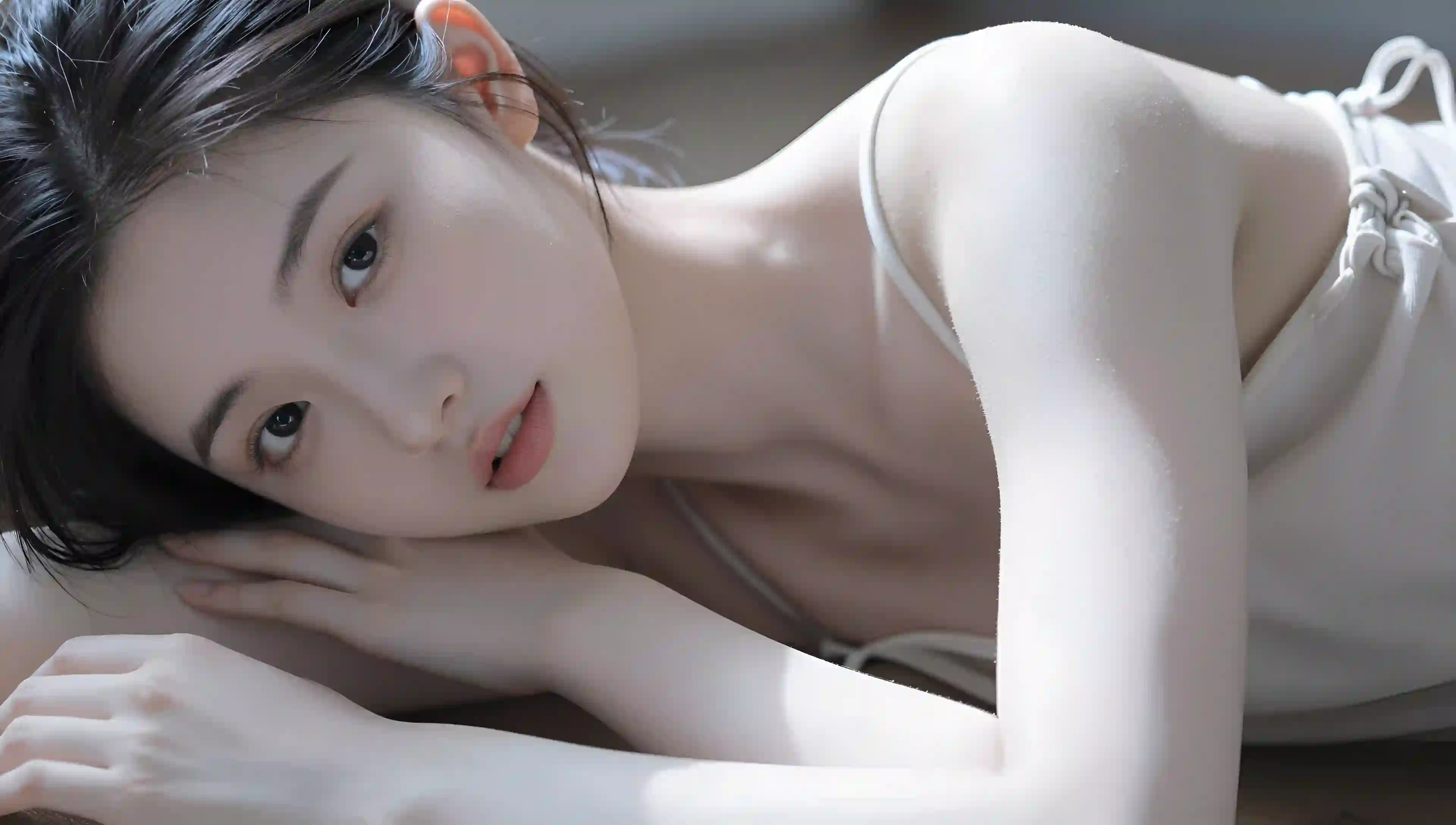 长发清纯美女 居家 吊带 白色吊带 小清新