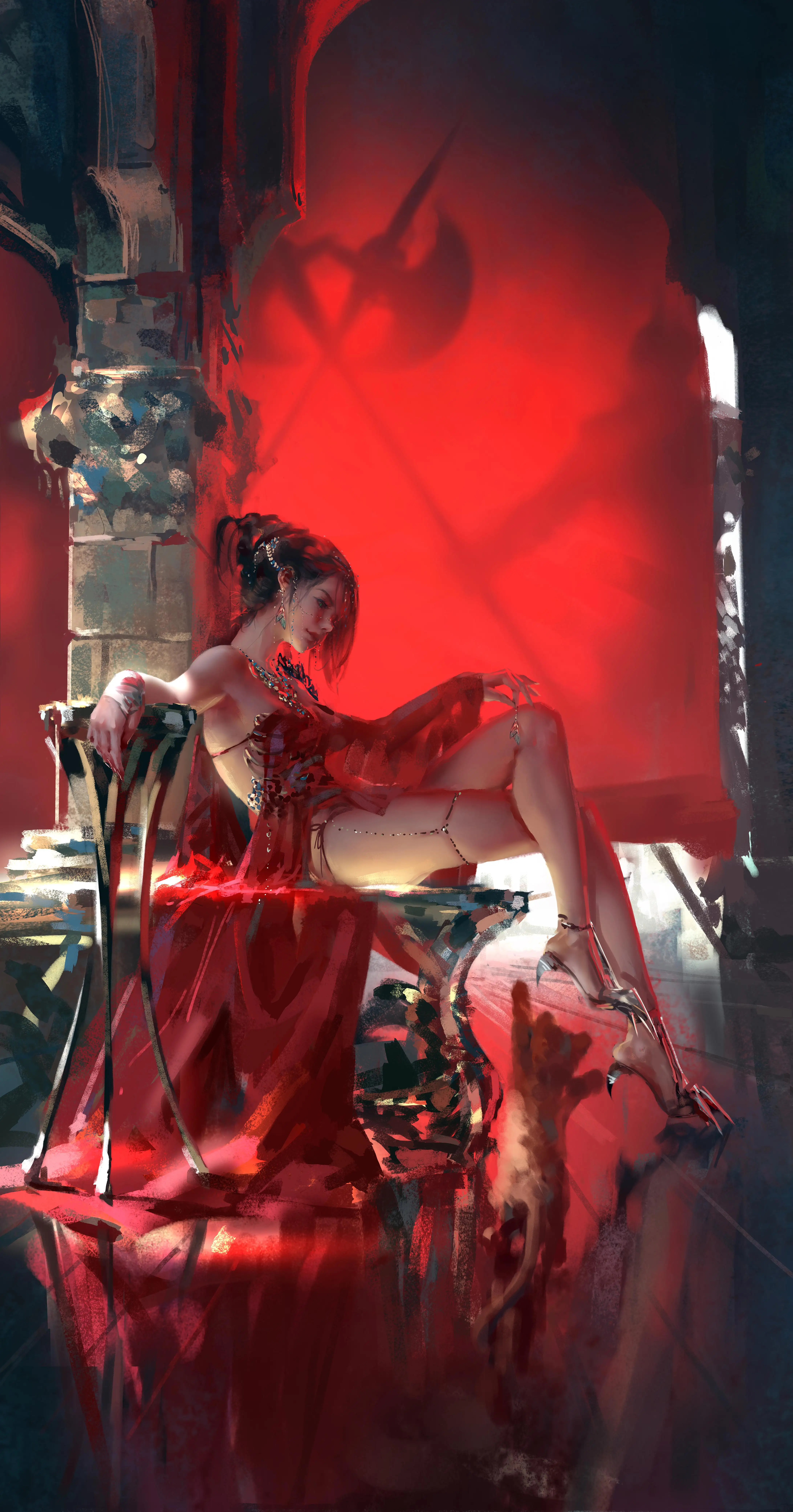 红色长裙长腿美女｜wlop