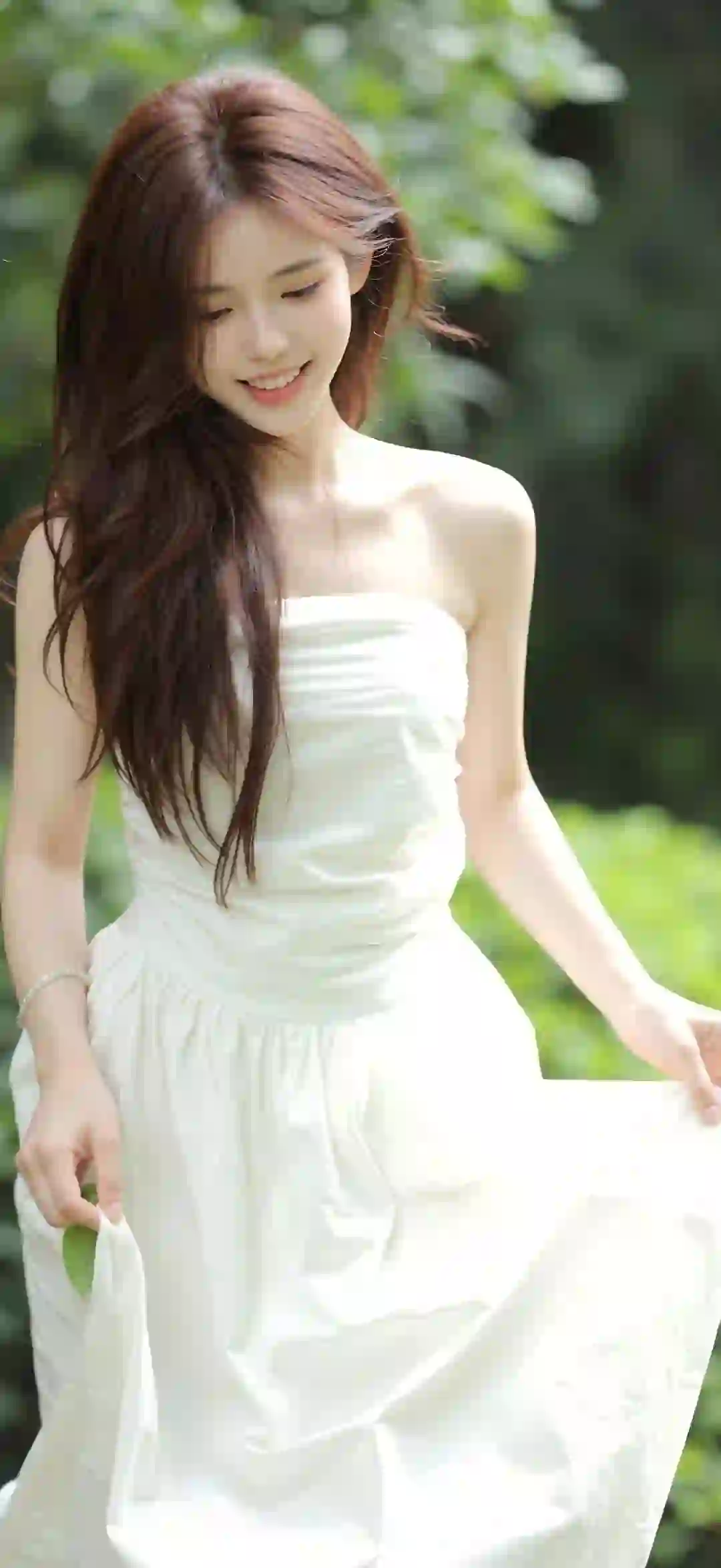 美女 长发美女  唯美 白色抹胸长裙