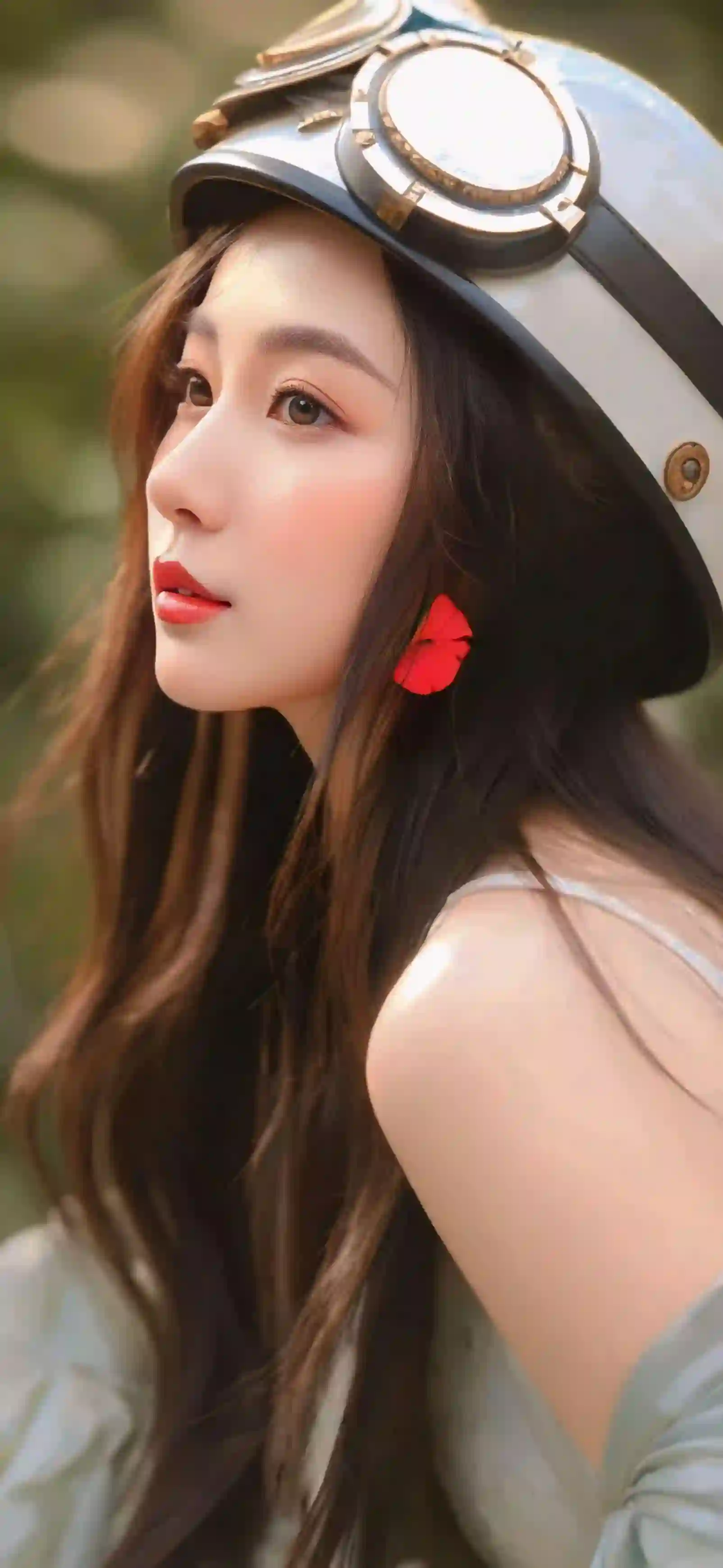 头戴安全帽的可爱美女 吊带装 长发女孩