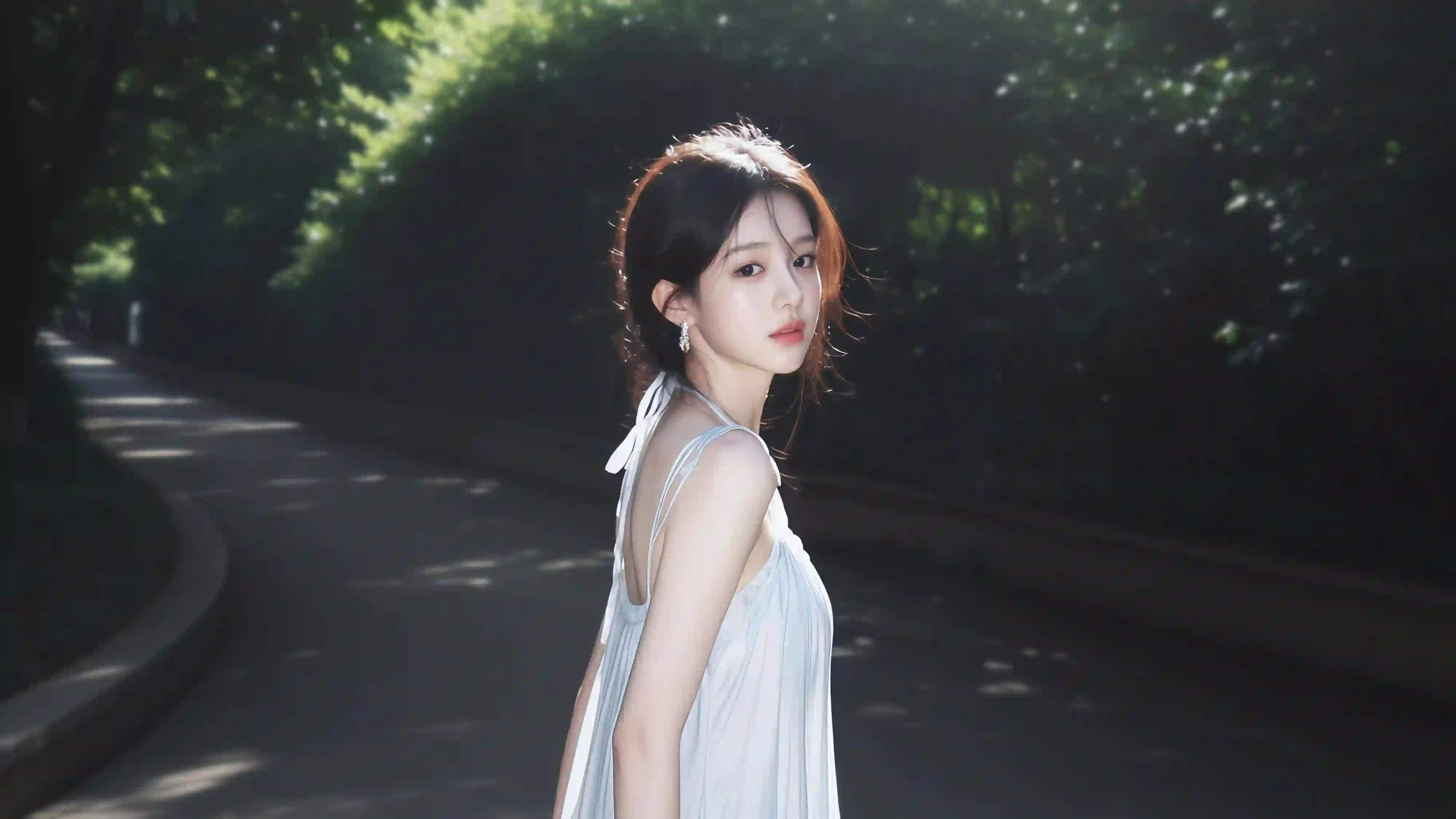 公园 美女侧脸 白色裙子 阳光