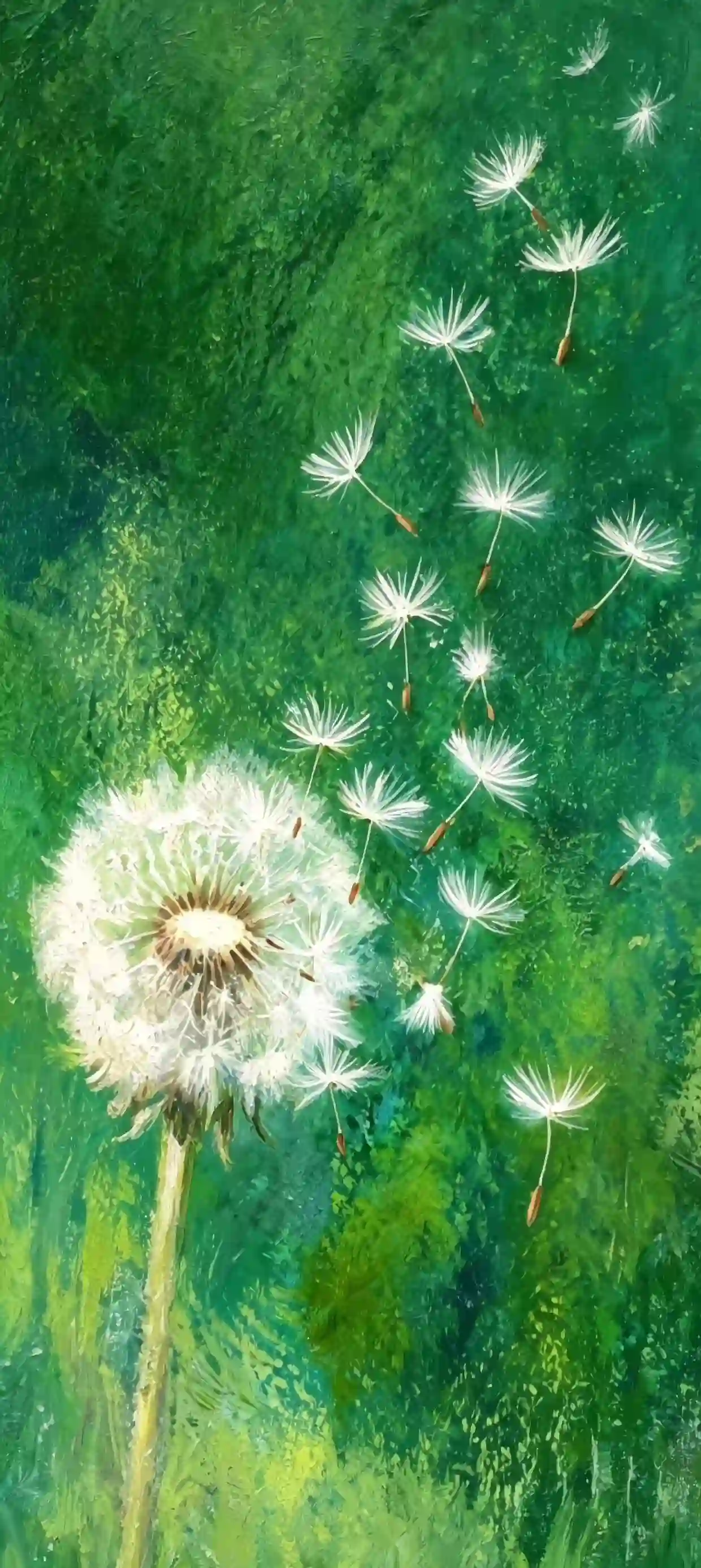 蒲公英 种子 飘散 绿色背景 油画风格 治愈 风景