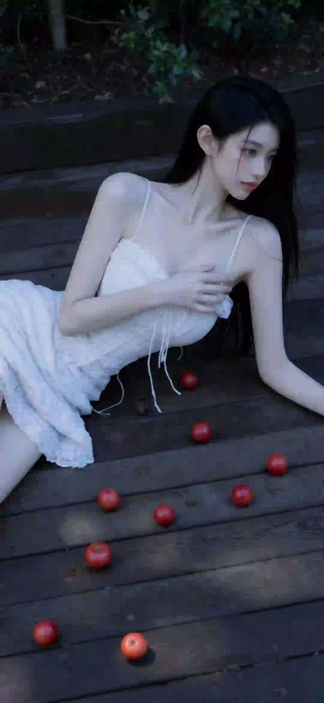 长发美女 白色吊带裙子