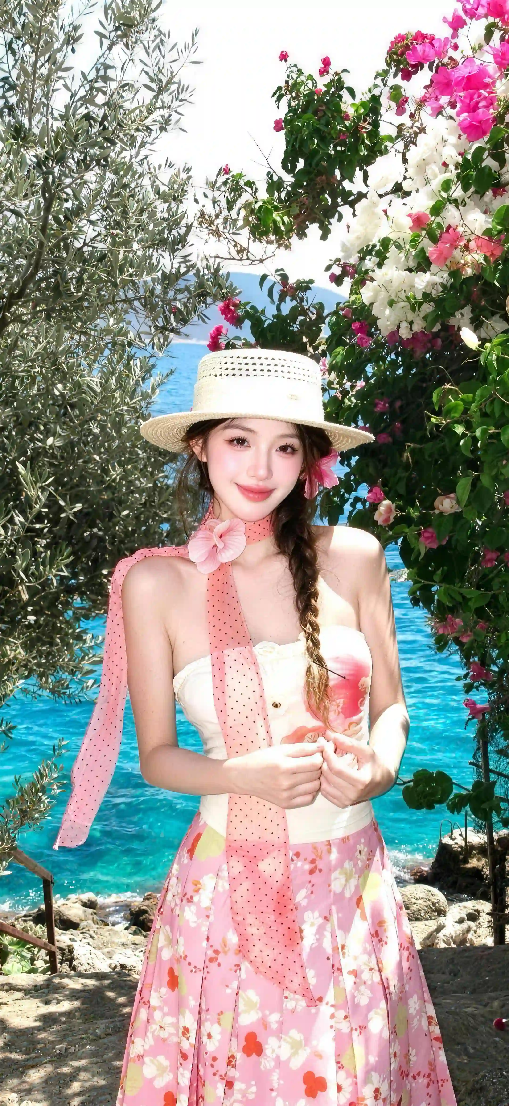女孩 草帽 粉色裙 海边 花园 夏日 度假 清新