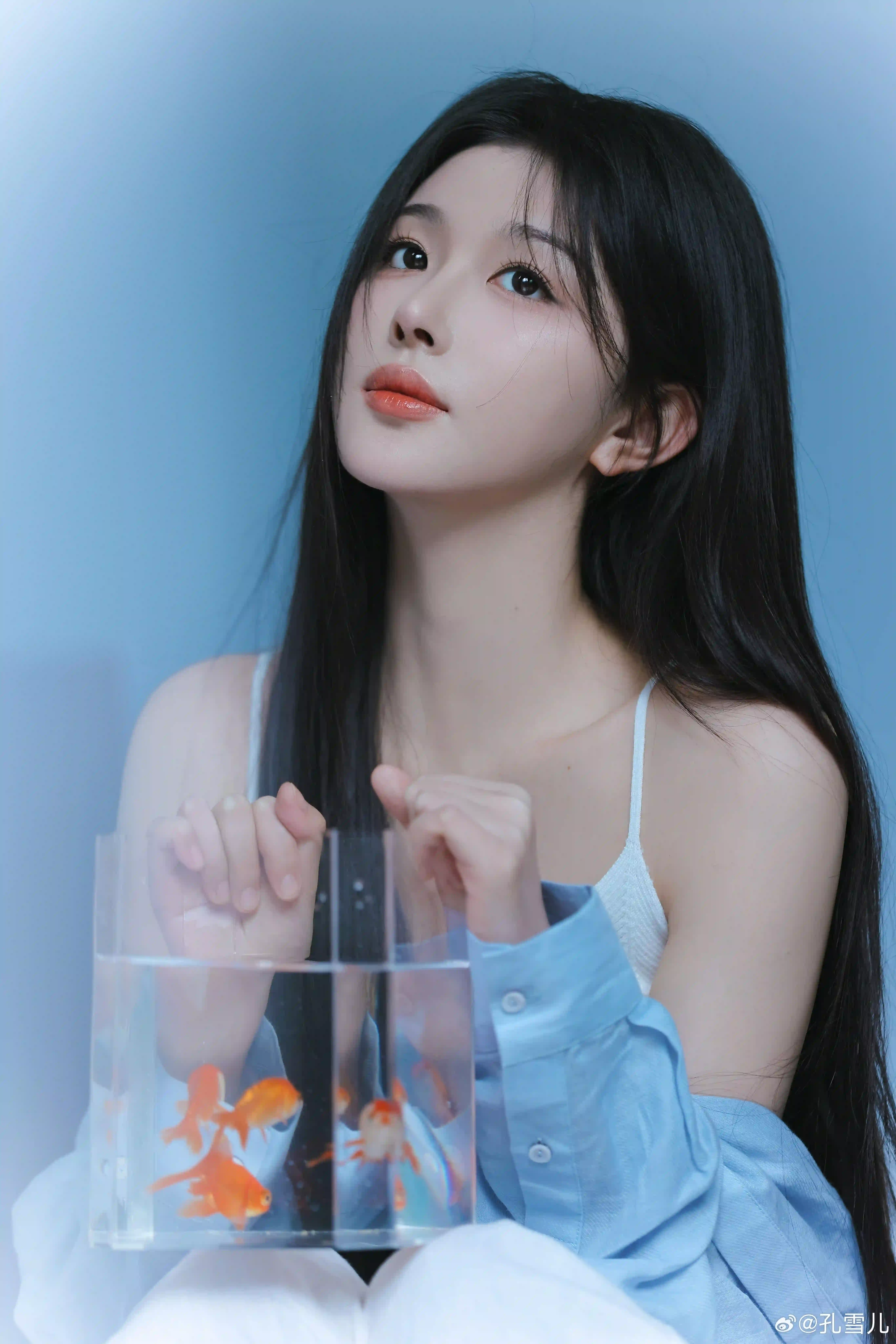 孔雪儿 长发美女 蓝色衣服 白色吊带装 美女 金鱼