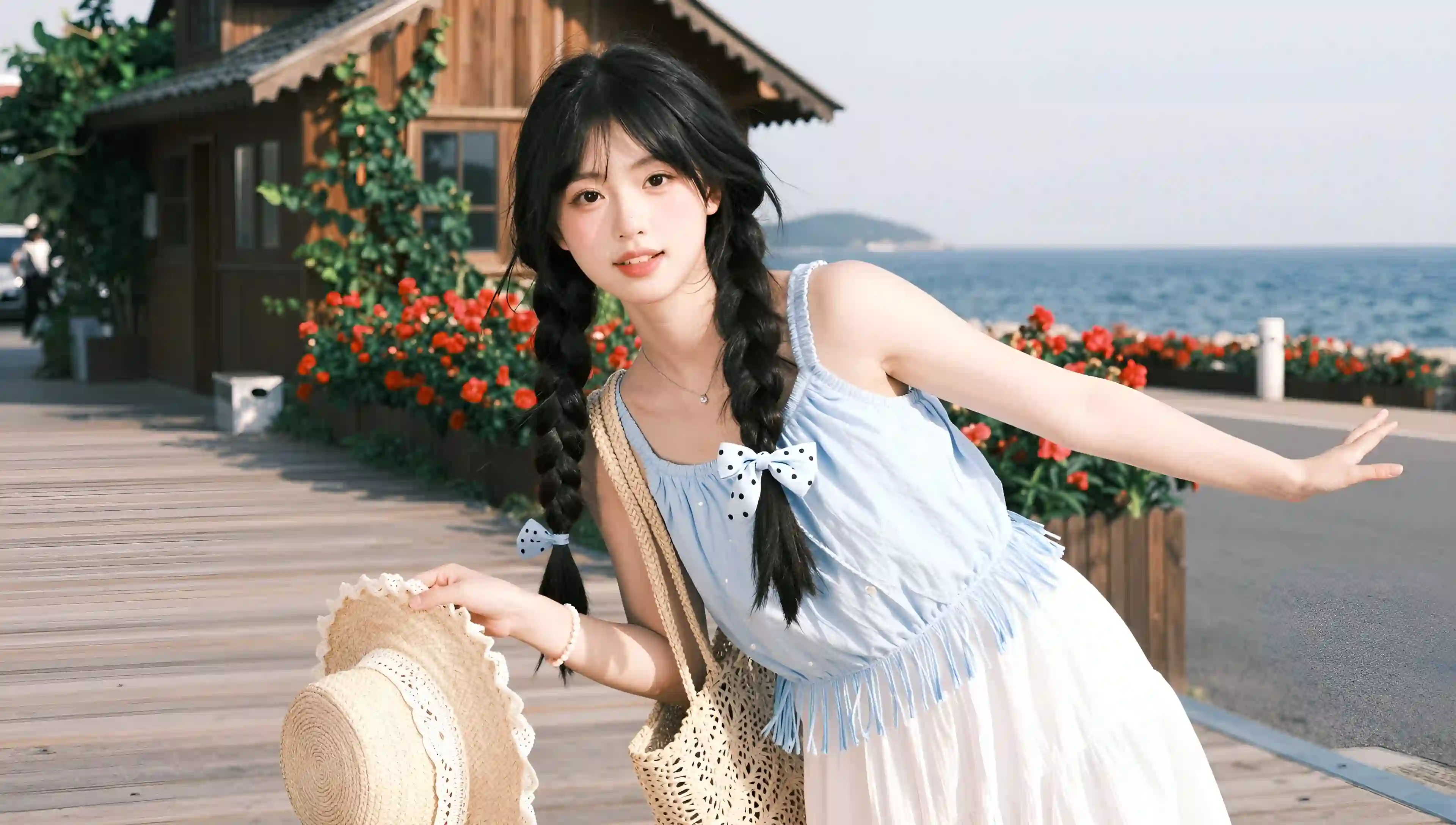 双马尾女孩 户外 海边 度假 夏日 草帽