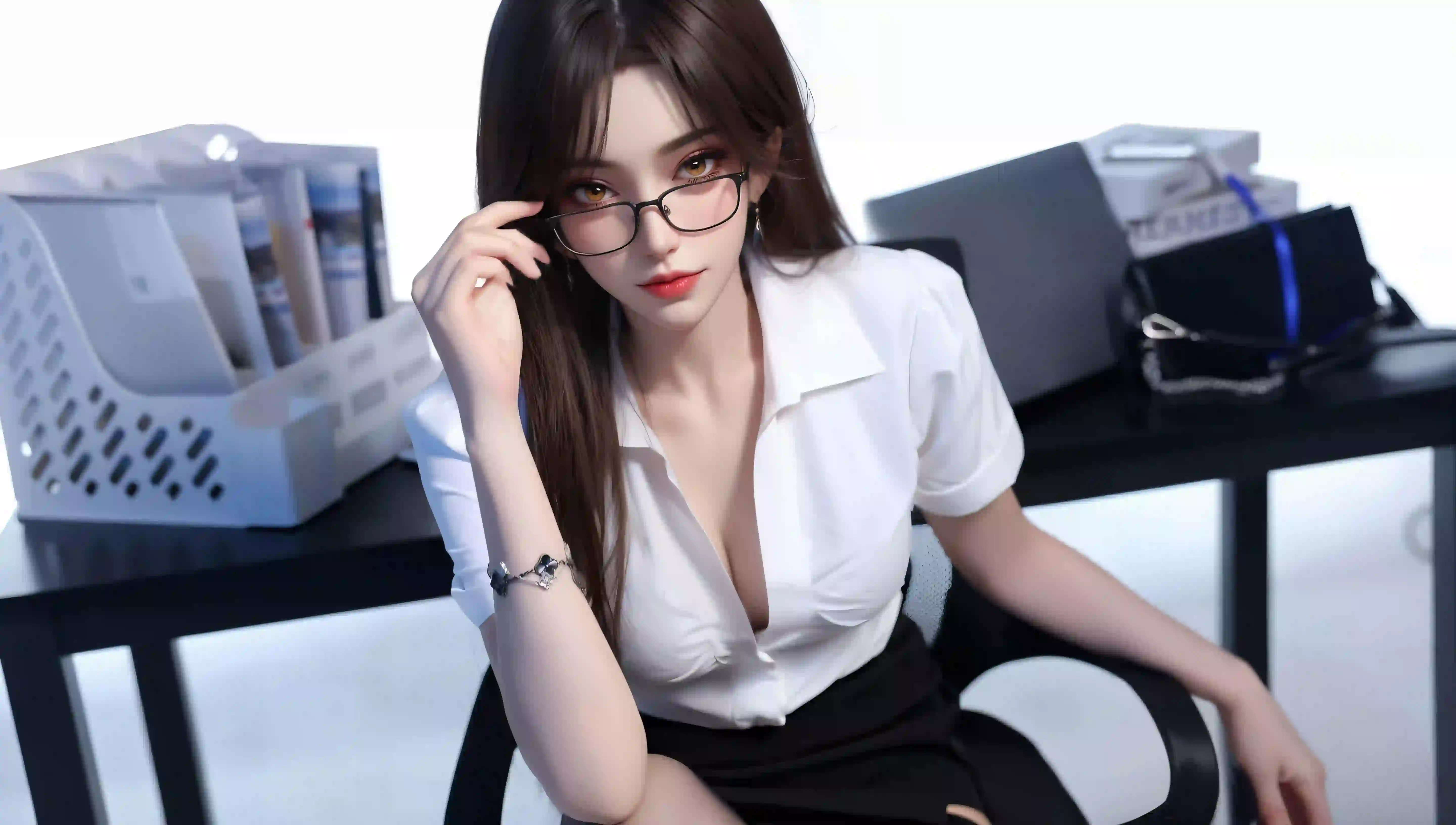 ai 白色衬衫 眼镜 戴着眼镜的长发性感美女 职业穿搭