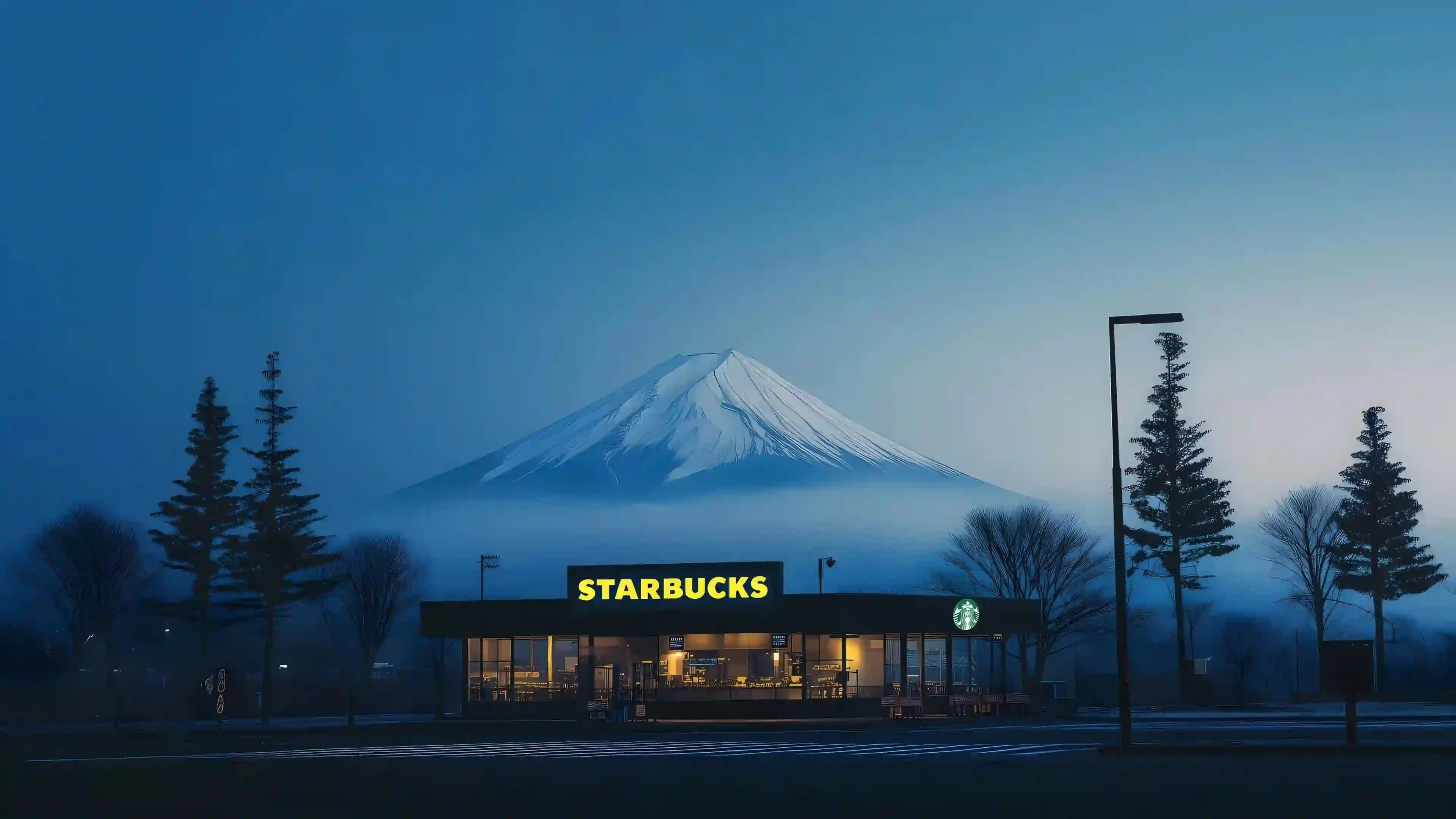 富士山 星巴克 夜景 咖啡店 风景 雾气 蓝色调 日本
