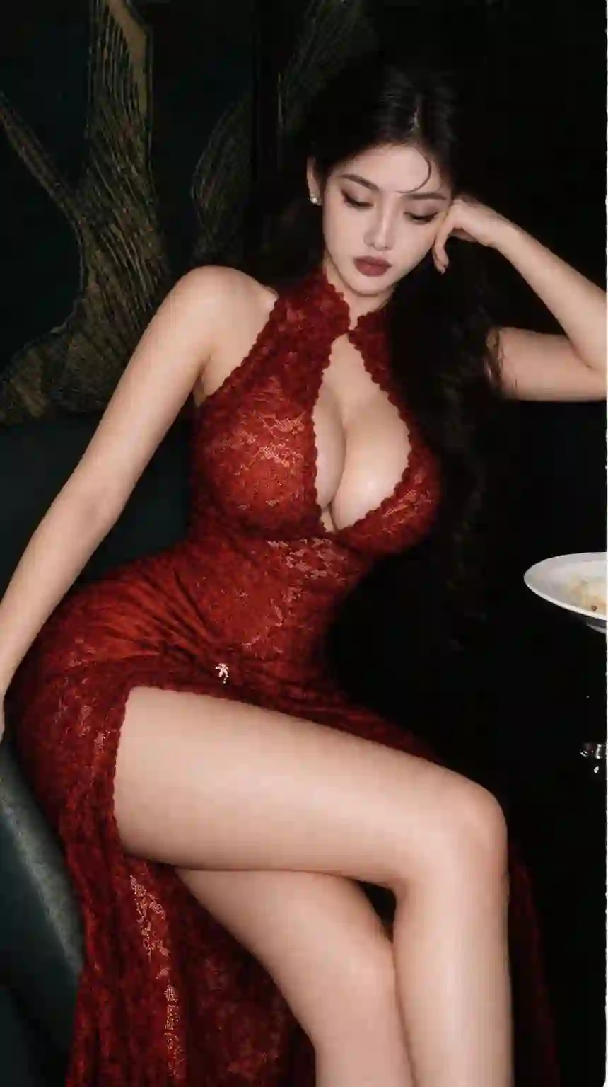 红色蕾丝长裙 性感美女 暗调写真 高贵气质