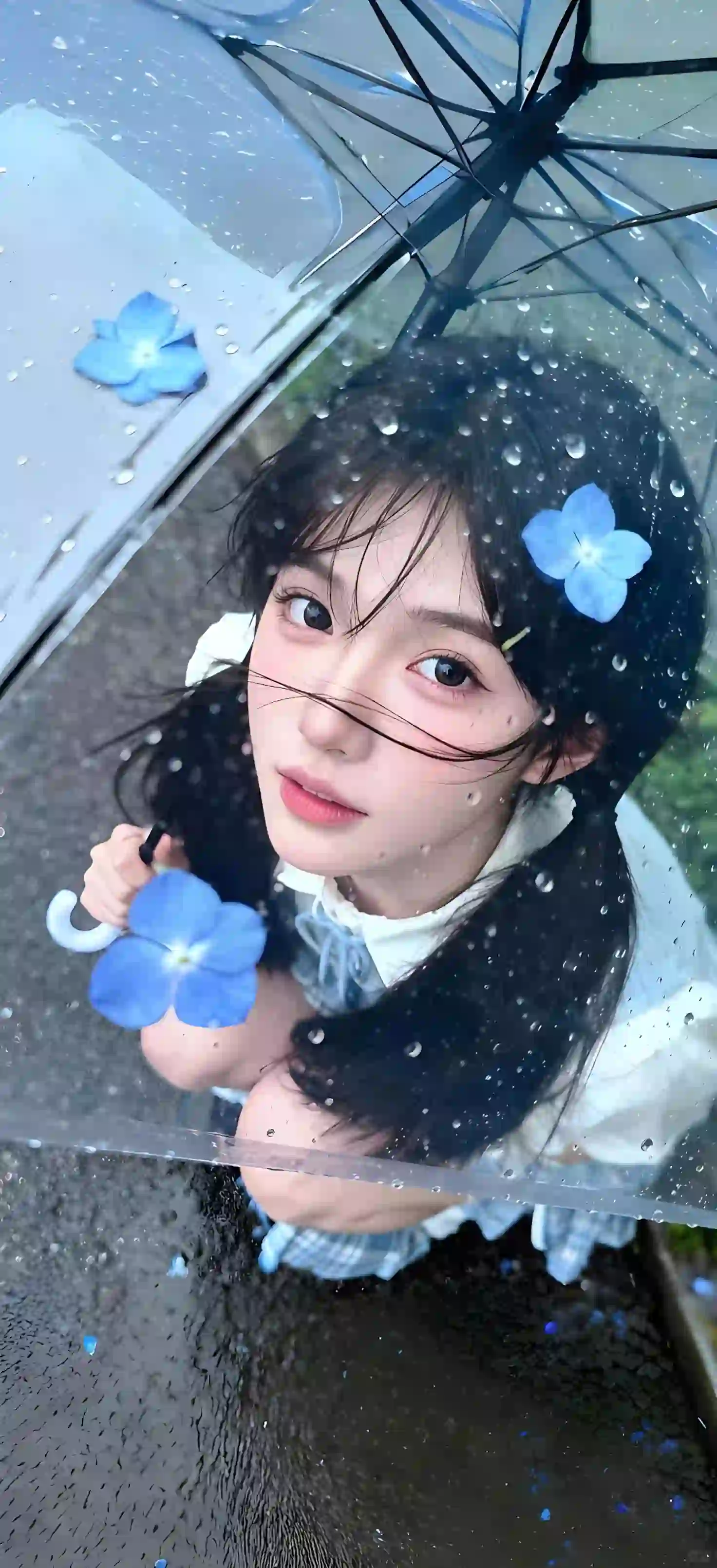 双马尾少女 雨天蓝花伞 清新唯美 蓝色花瓣
