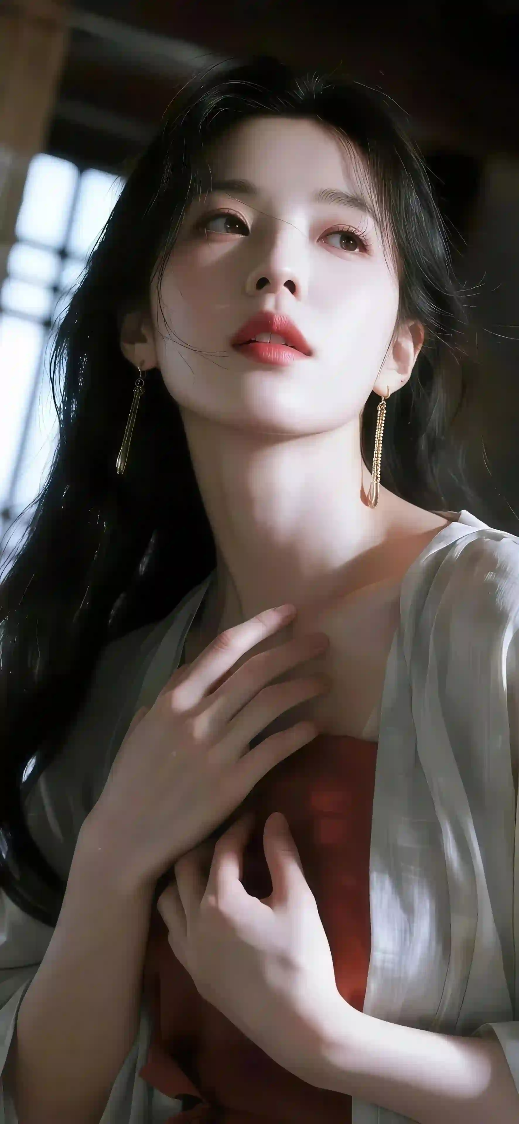古风女子 白衣红裙 汉服 美人 光影 氛围