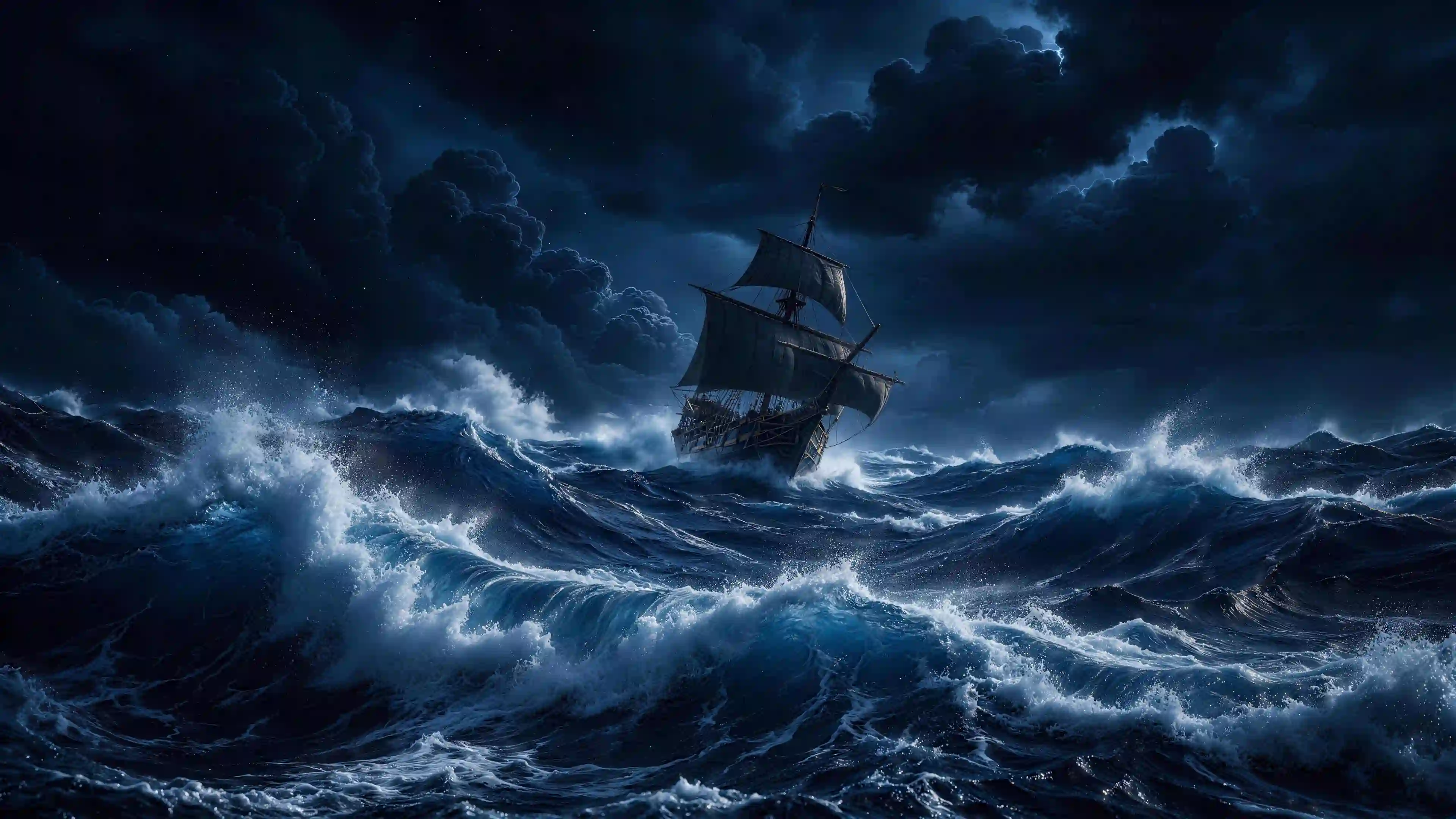 夜海 孤帆 风暴 海洋 帆船 史诗 深蓝