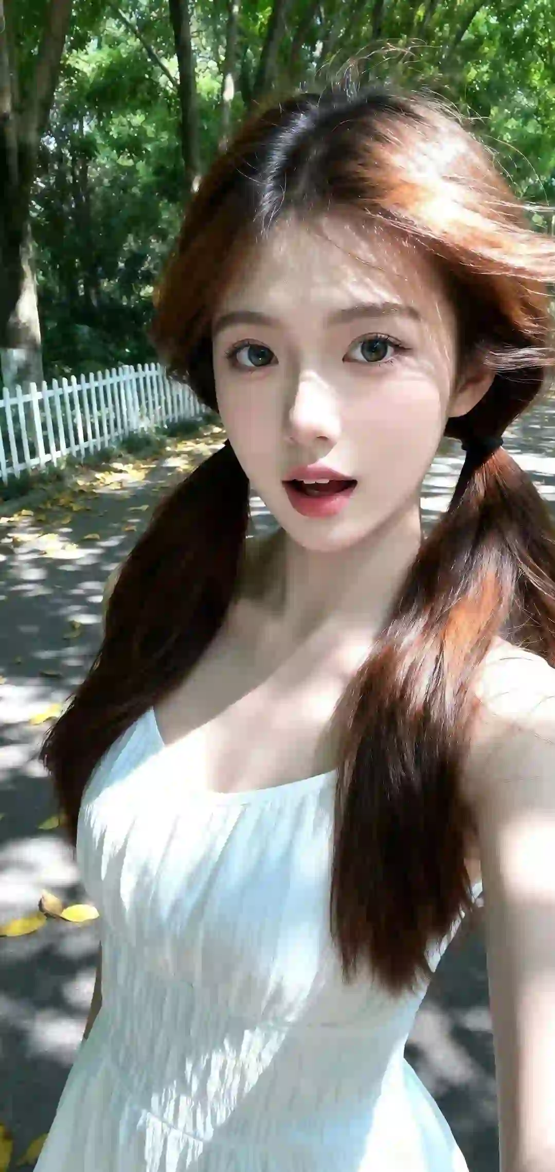 自拍 长发双马尾女孩 白色衣服 吊带