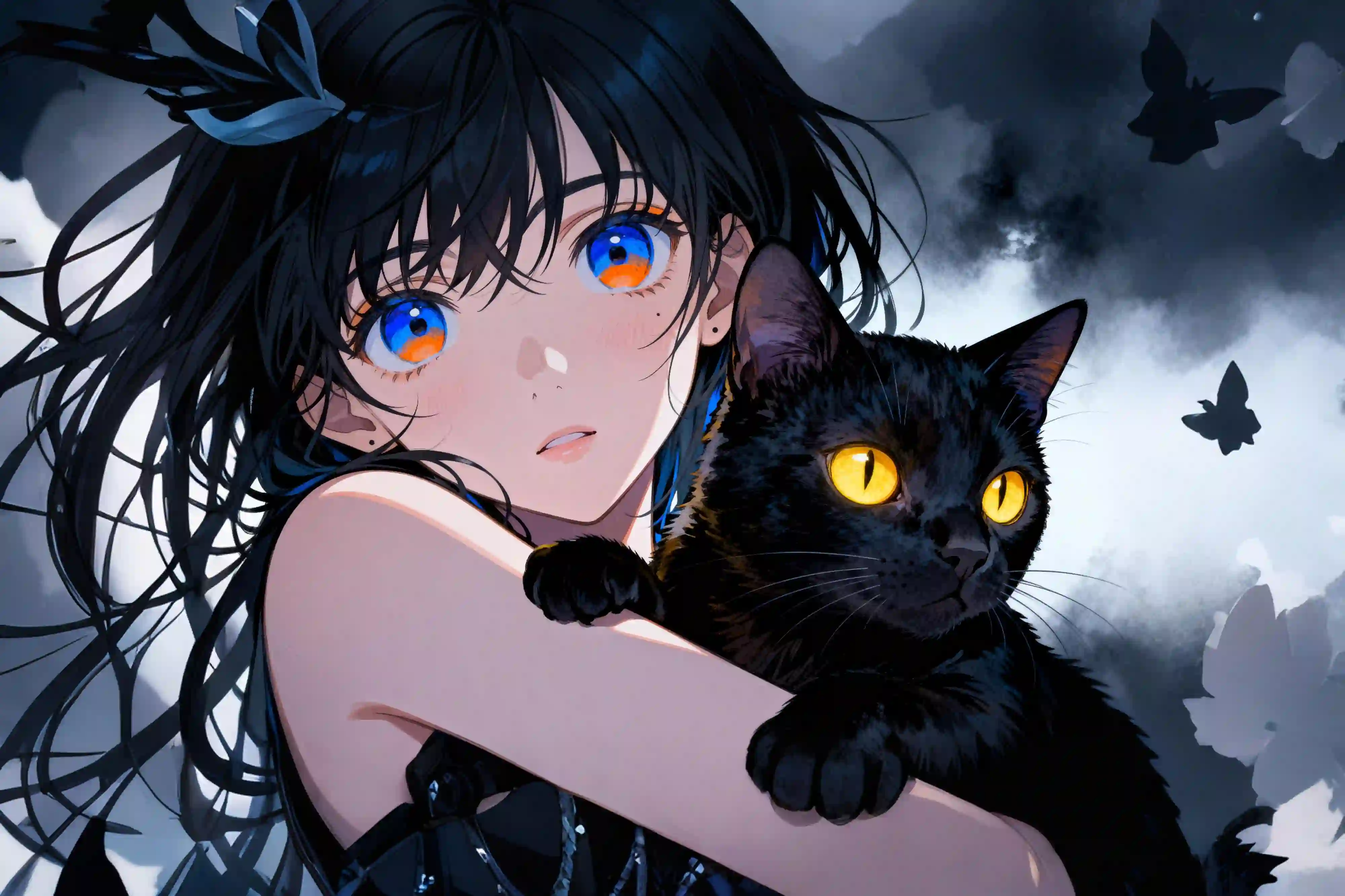 黑发异瞳少女抱黑猫 动漫唯美插画
