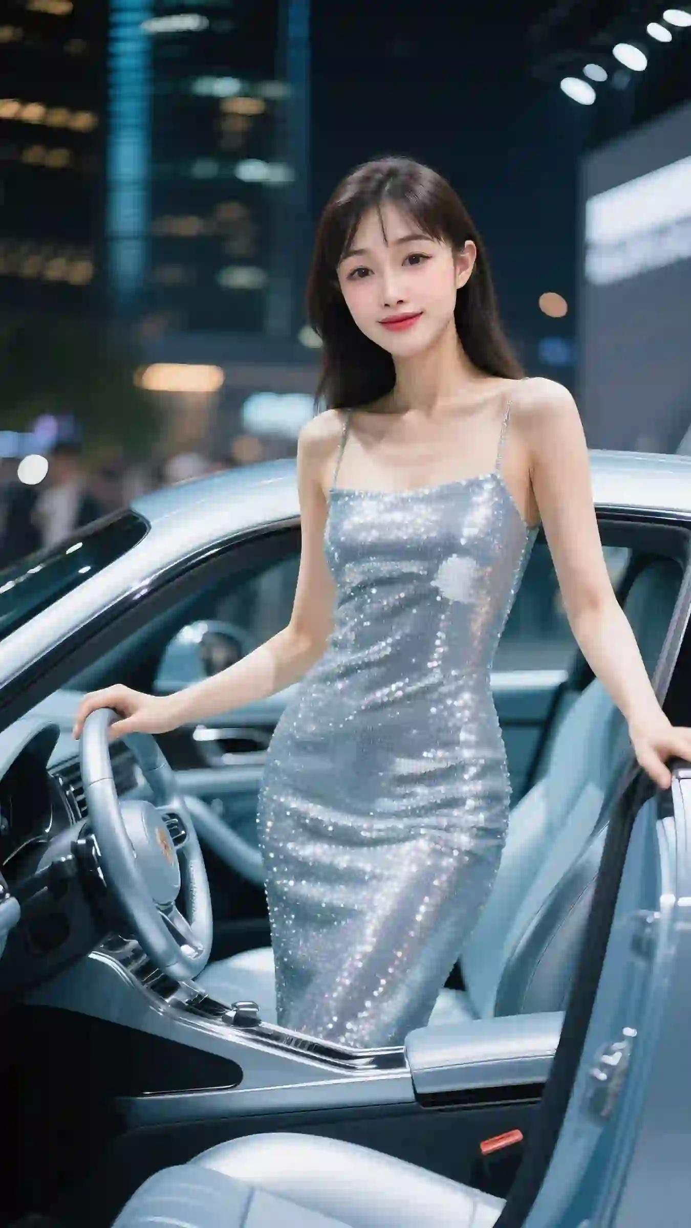 时尚美女 车模 银色吊带长裙美女 吊带美女  银色裙子