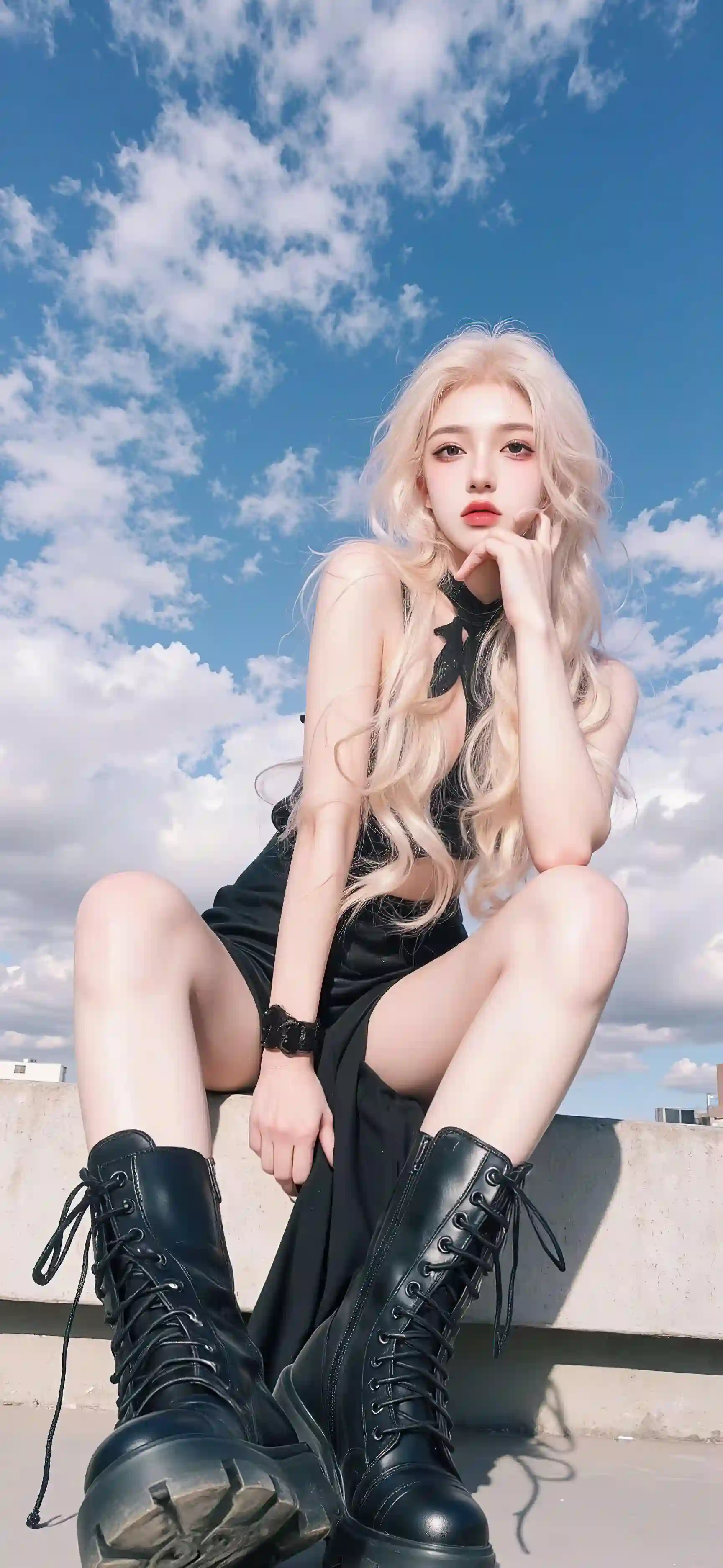 蓝天白云 坐在天台上的长发美女 黄色头发 时尚美女 酷酷