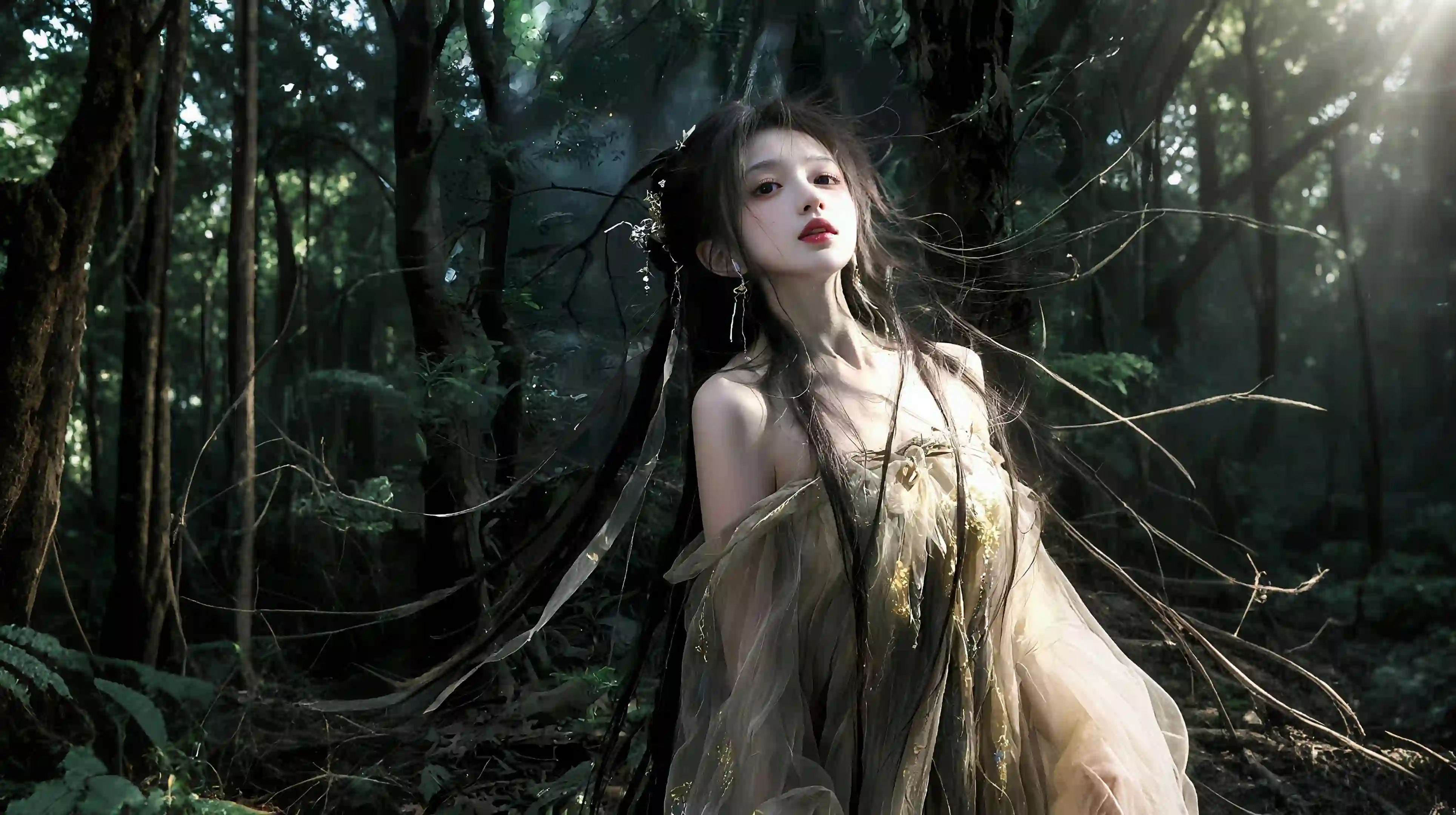光影 古风美女 幽暗 暗色调 原始森林