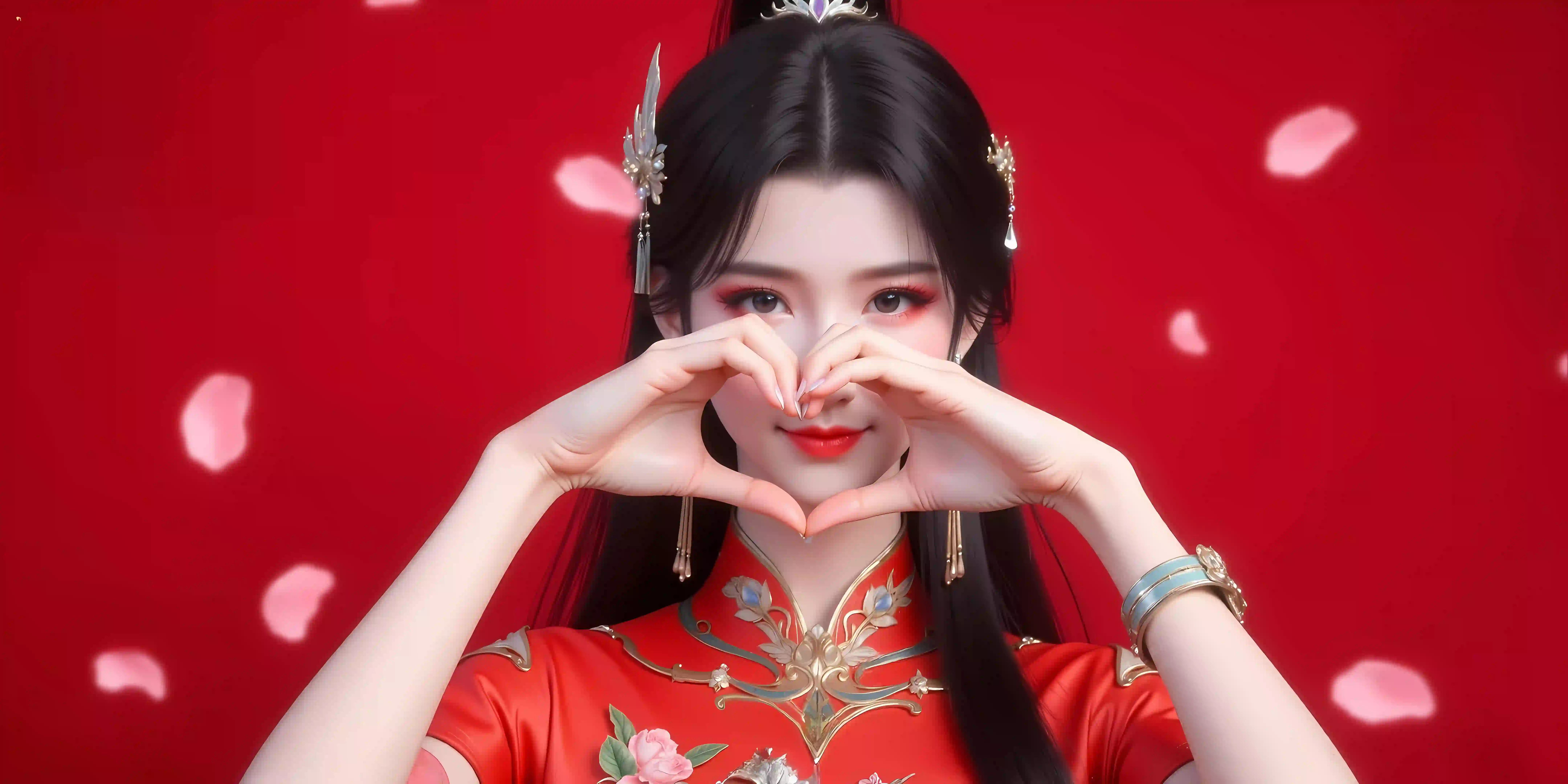 长发美女 ai 动漫角色 萧薰儿 红色背景 比心