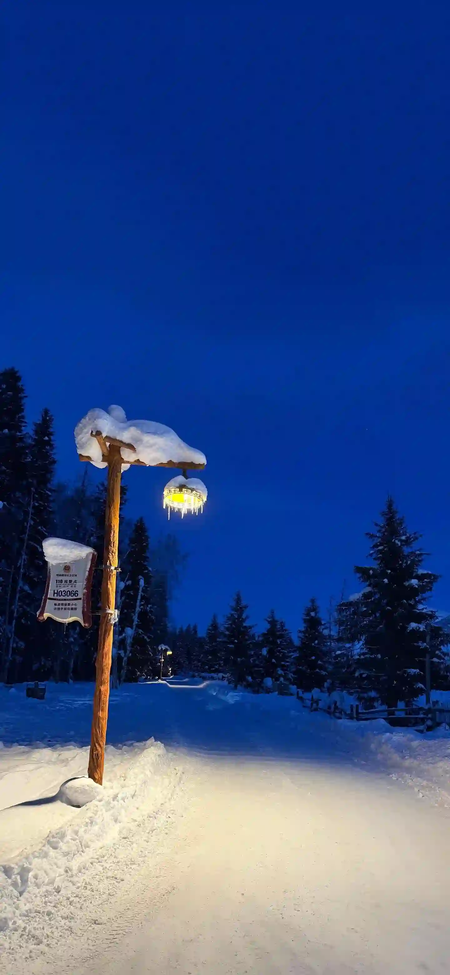 一张冬季雪夜风景照片 深蓝夜空下 一盏木质路灯顶部积雪 灯罩发光并带有冰柱 照亮积雪覆盖的小路 背景是雪松和宁静的冬日氛围