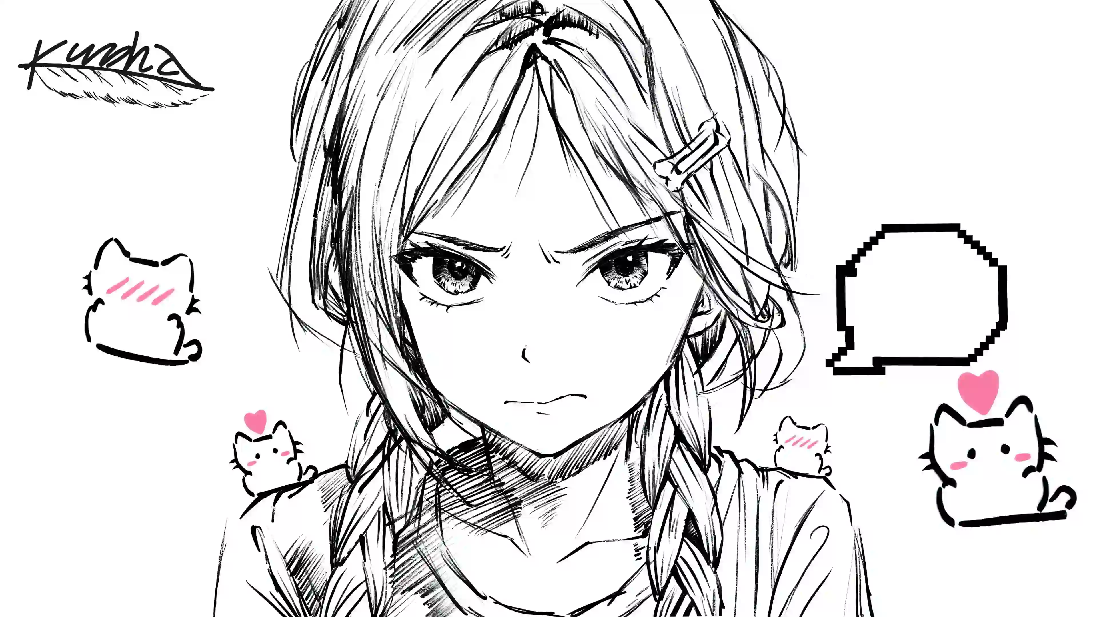 动漫线条人物女孩 可爱女孩 猫咪 小猫咪