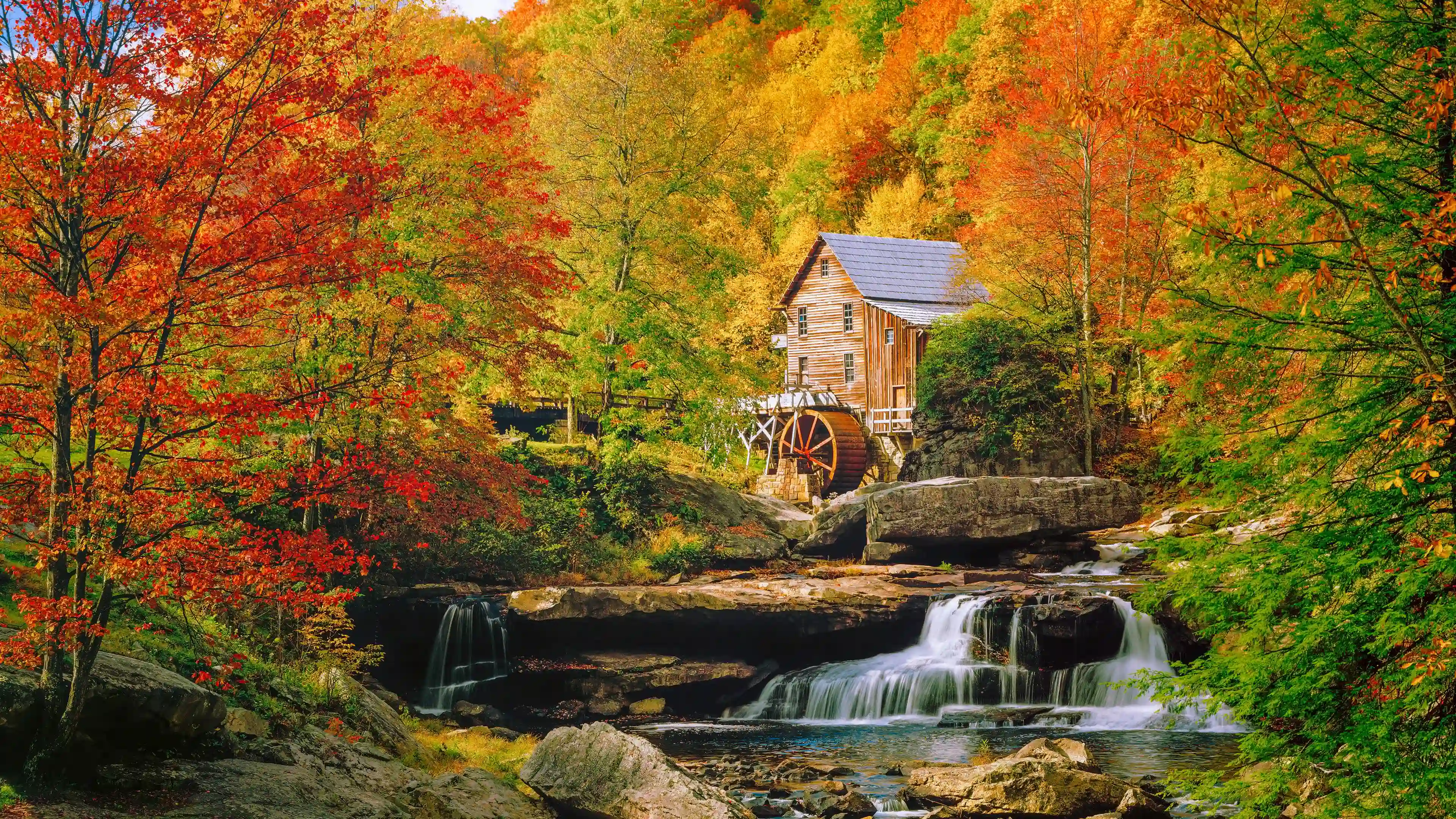 秋季水磨坊 瀑布风景 红叶树林 田园风光