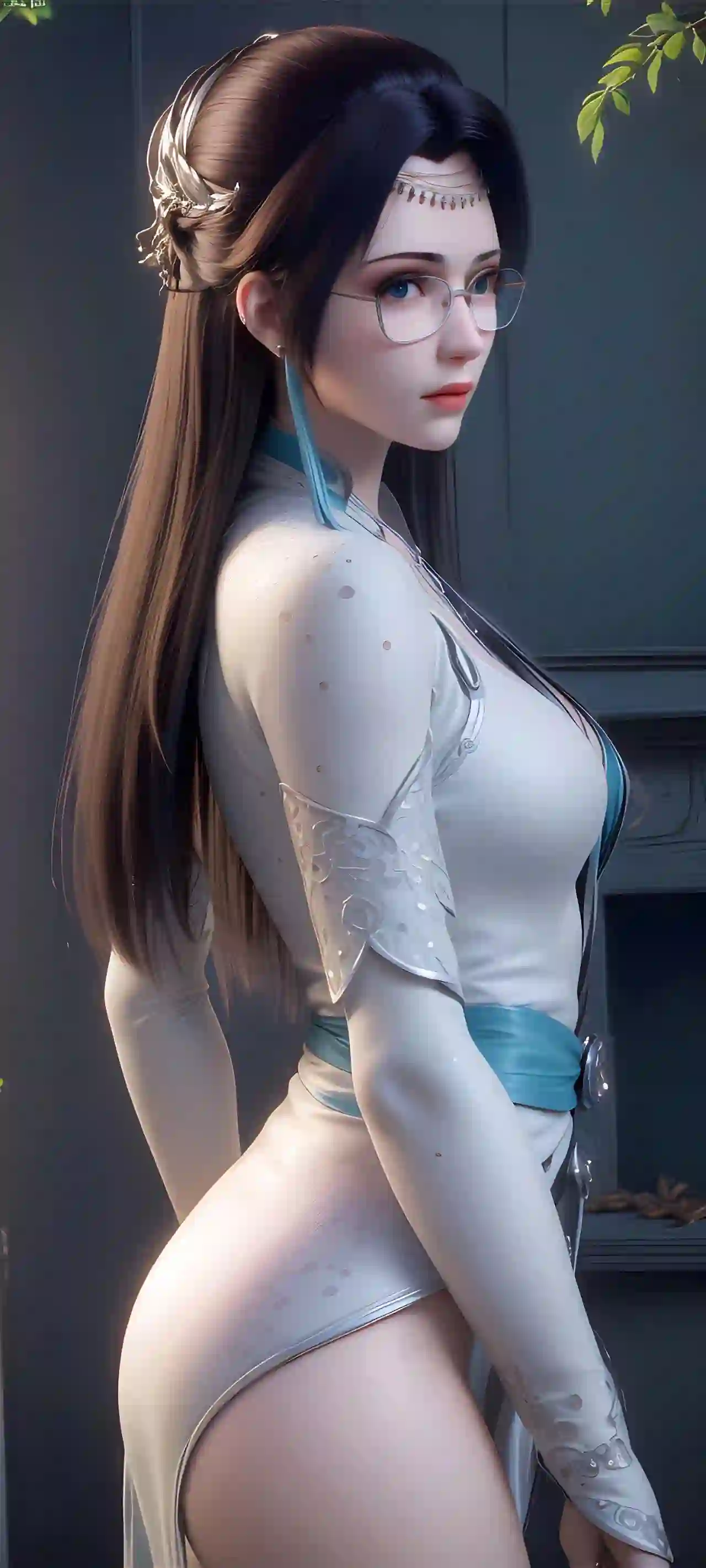 古风美女 仙侠人物 AI壁纸 戴眼镜美女 白蓝服饰 3D插画