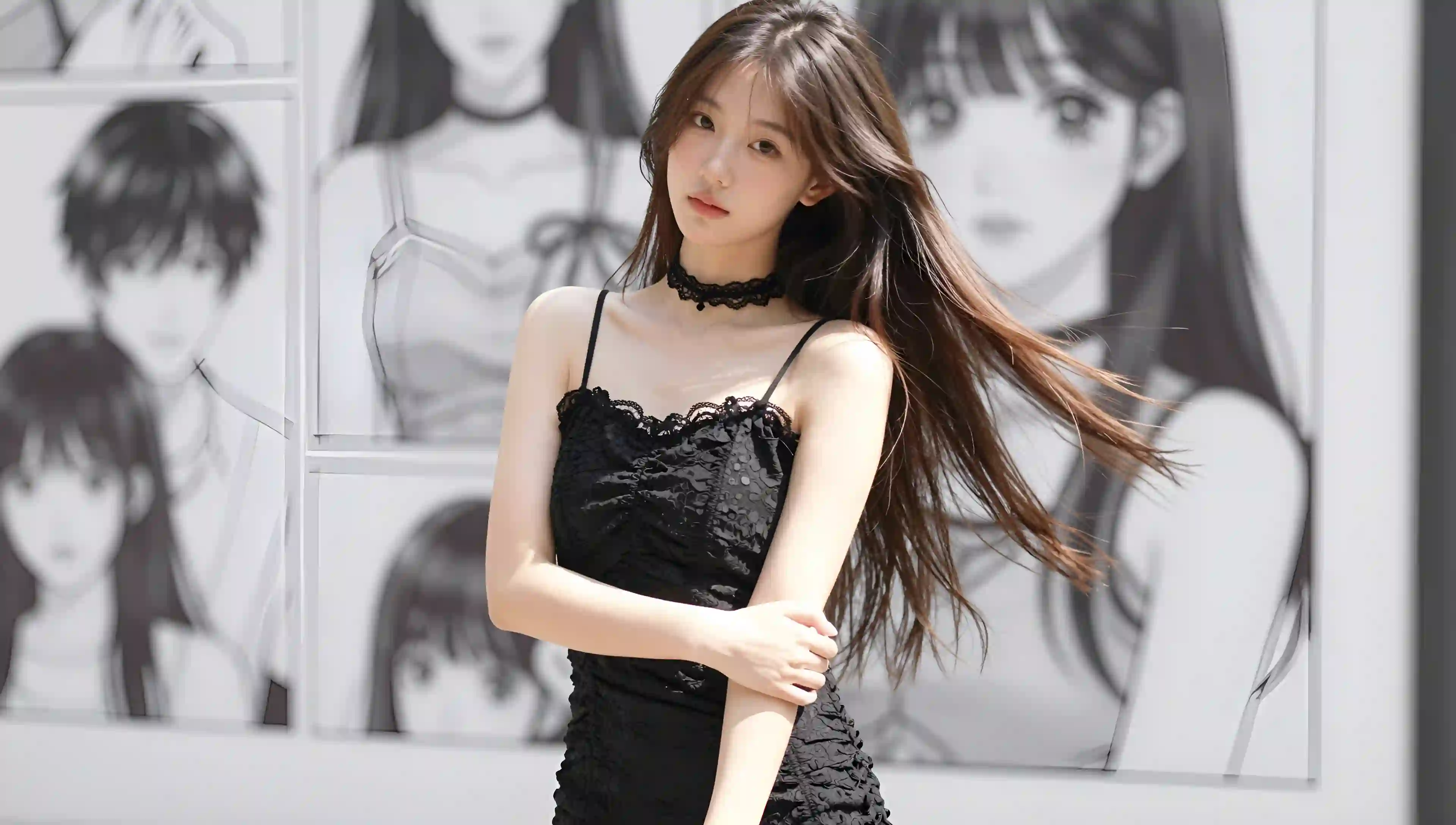 女孩 黑色连衣裙 动漫背景 时尚 人像