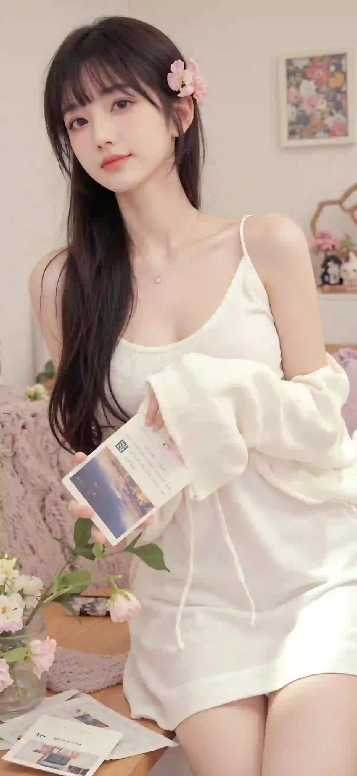 白色吊带短裙美女 清纯甜美系女孩 居家写真