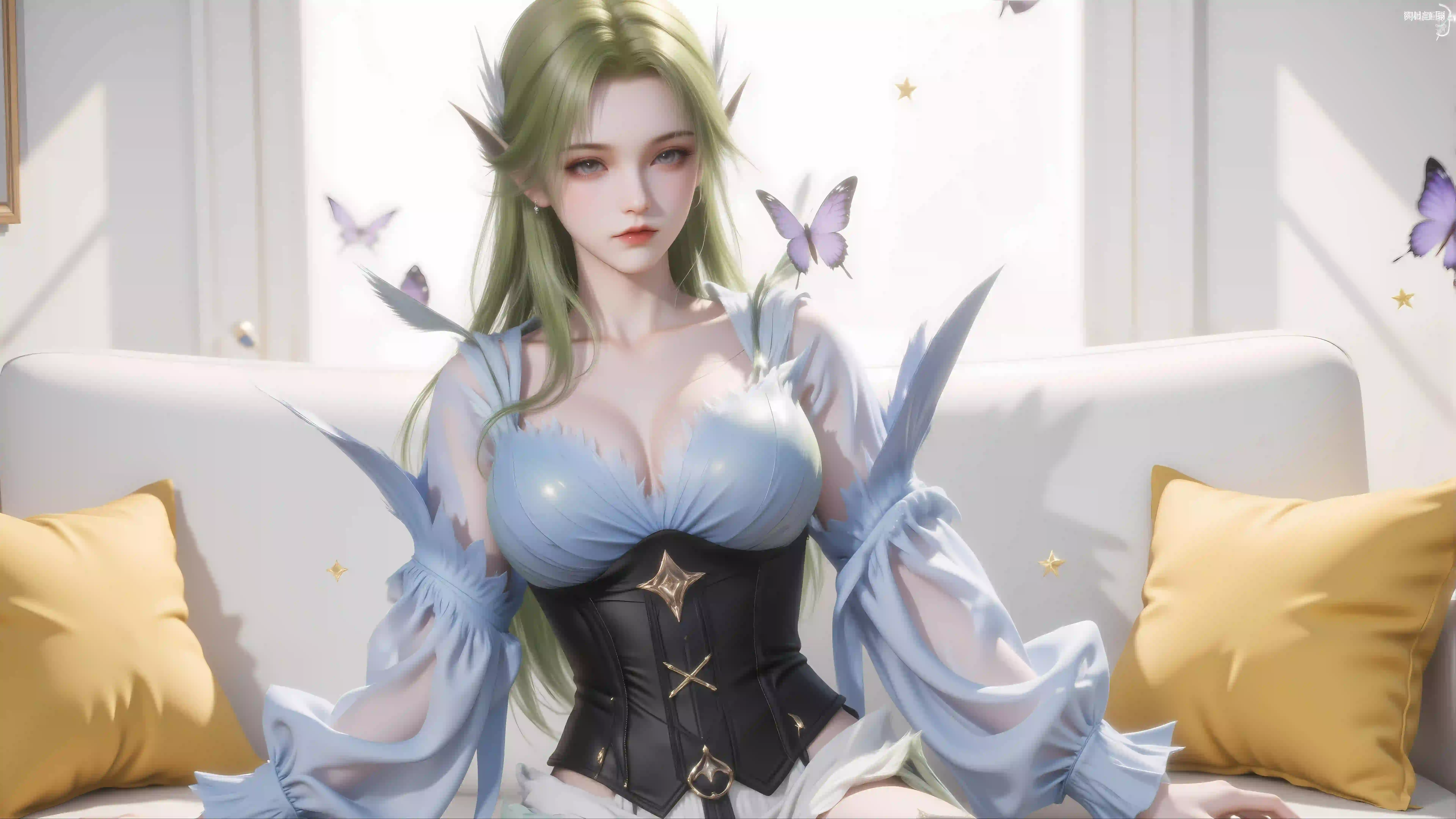 二次元 Ai 绿色头发 居家 美腿丝袜 黑丝 性感