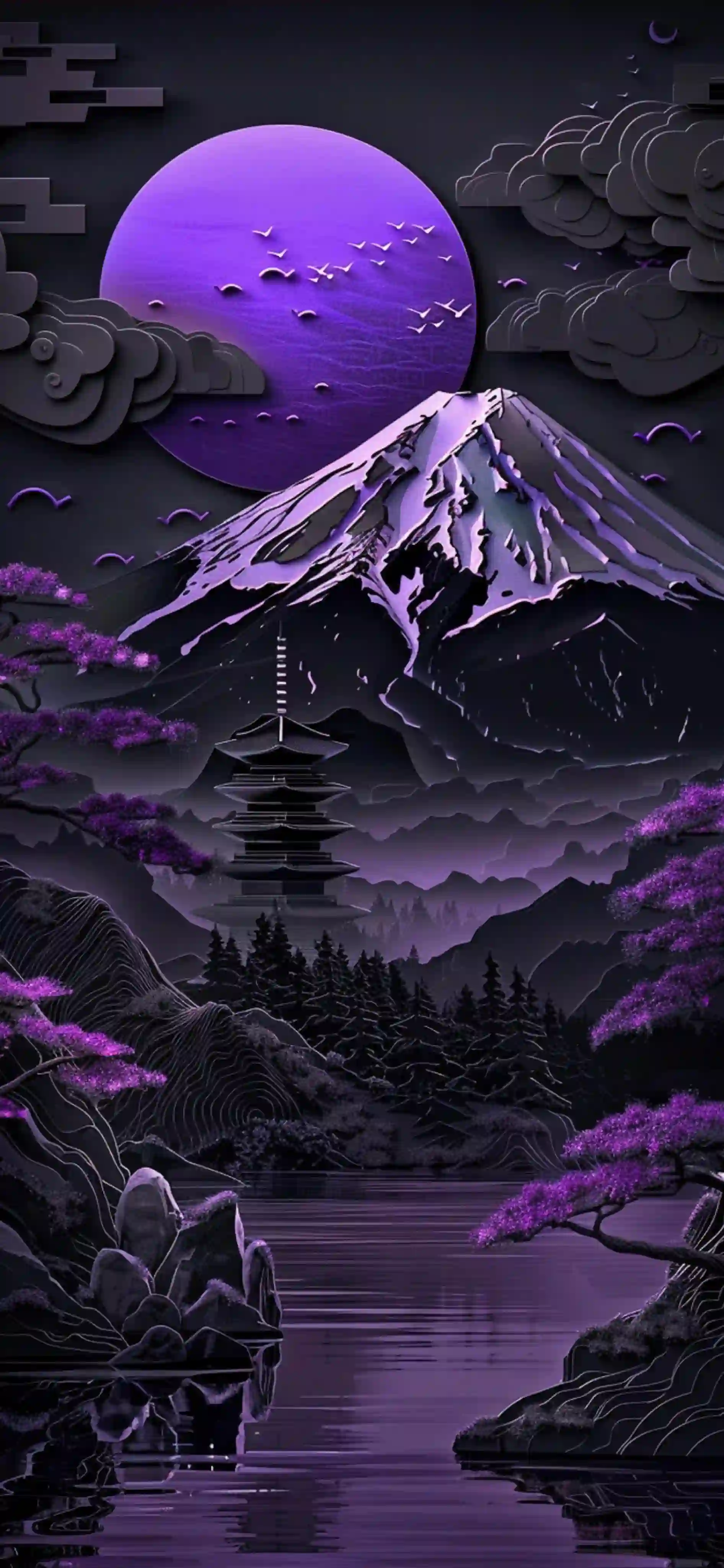 紫色 剪纸 艺术 山水 宝塔 插画 壁纸