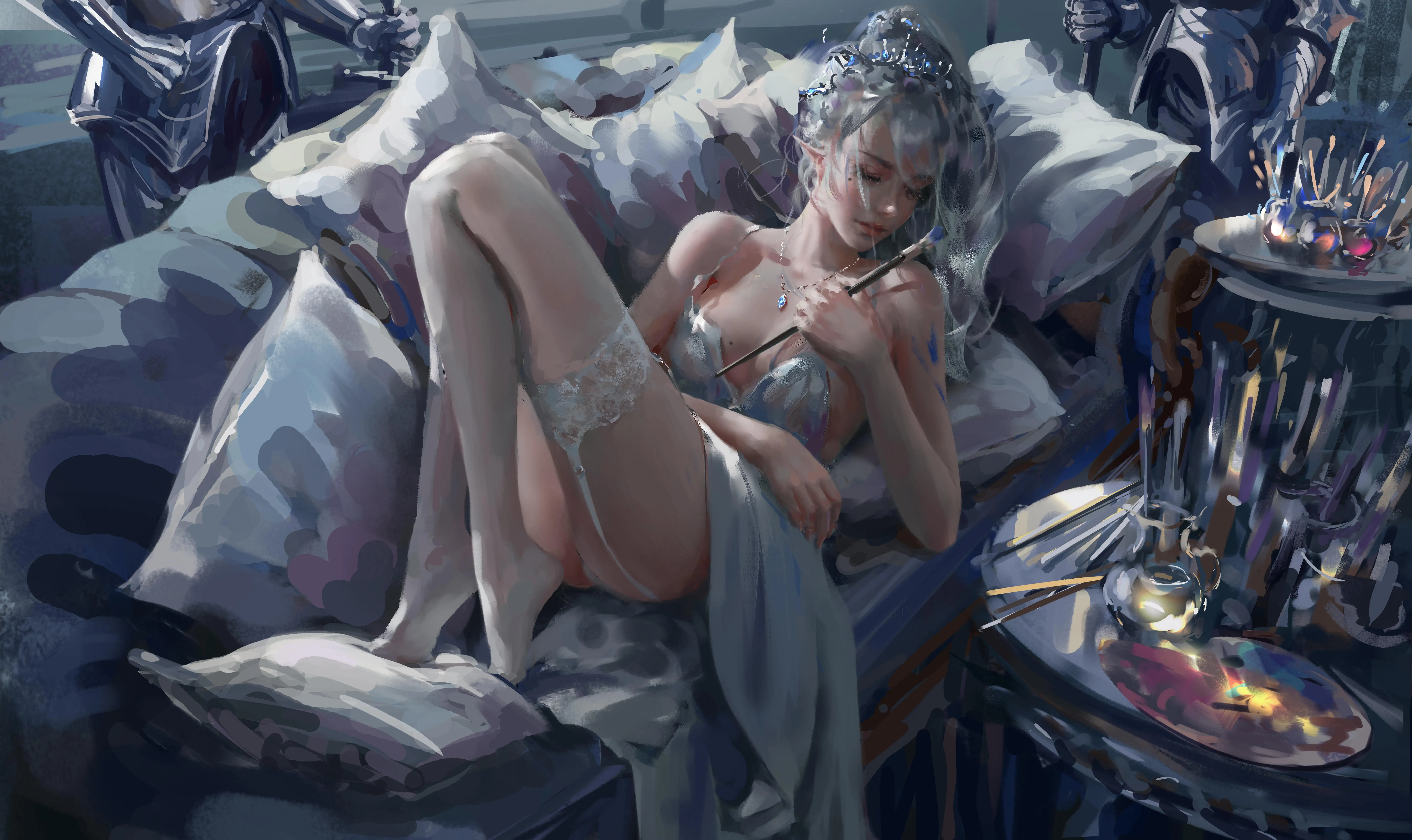 躺在沙发上的长腿美女公主｜wlop