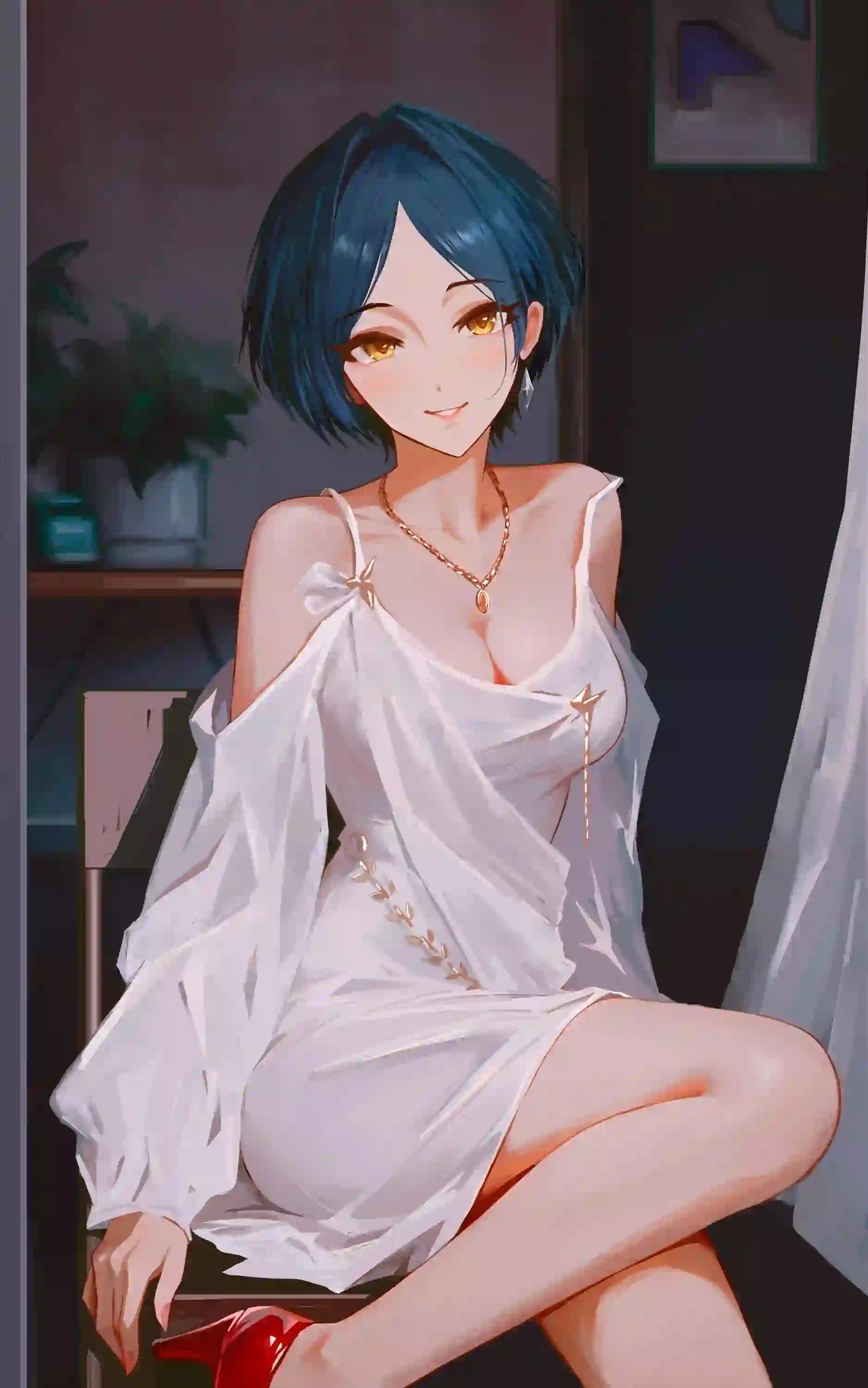 短发动漫女孩 白色吊带 长腿美女 红色高跟鞋