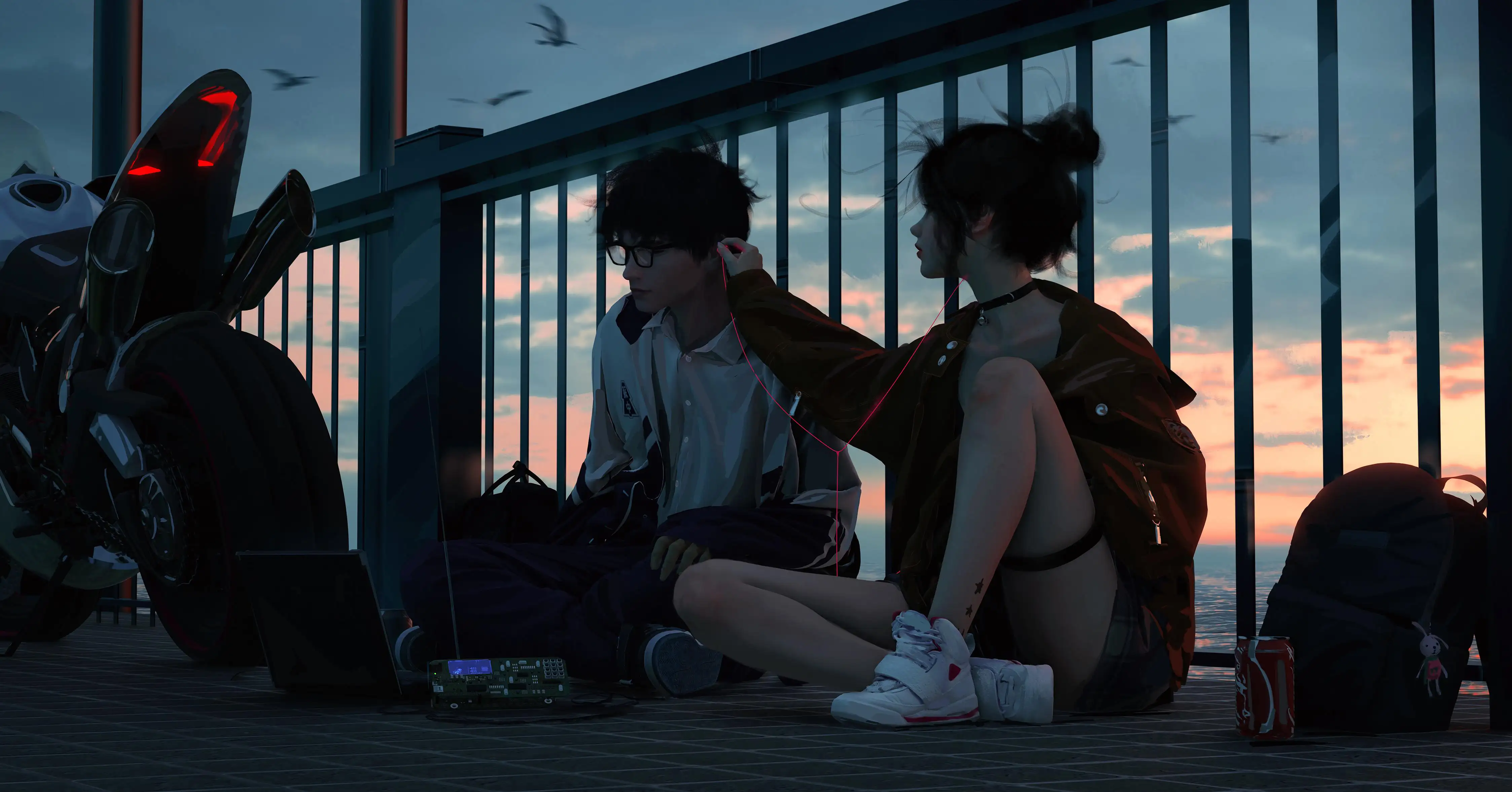 海边浪漫情侣，坐在护栏前地板上的年轻情侣共享耳机音乐浪漫