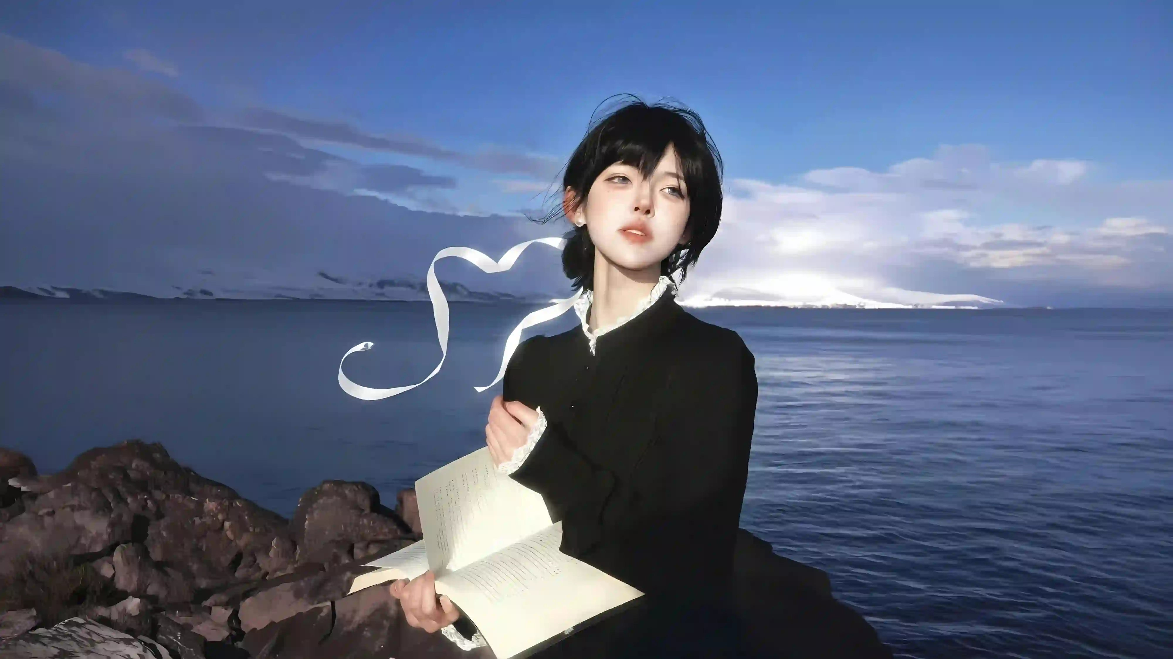 海边少女阅读 唯美 微风 梦幻风景