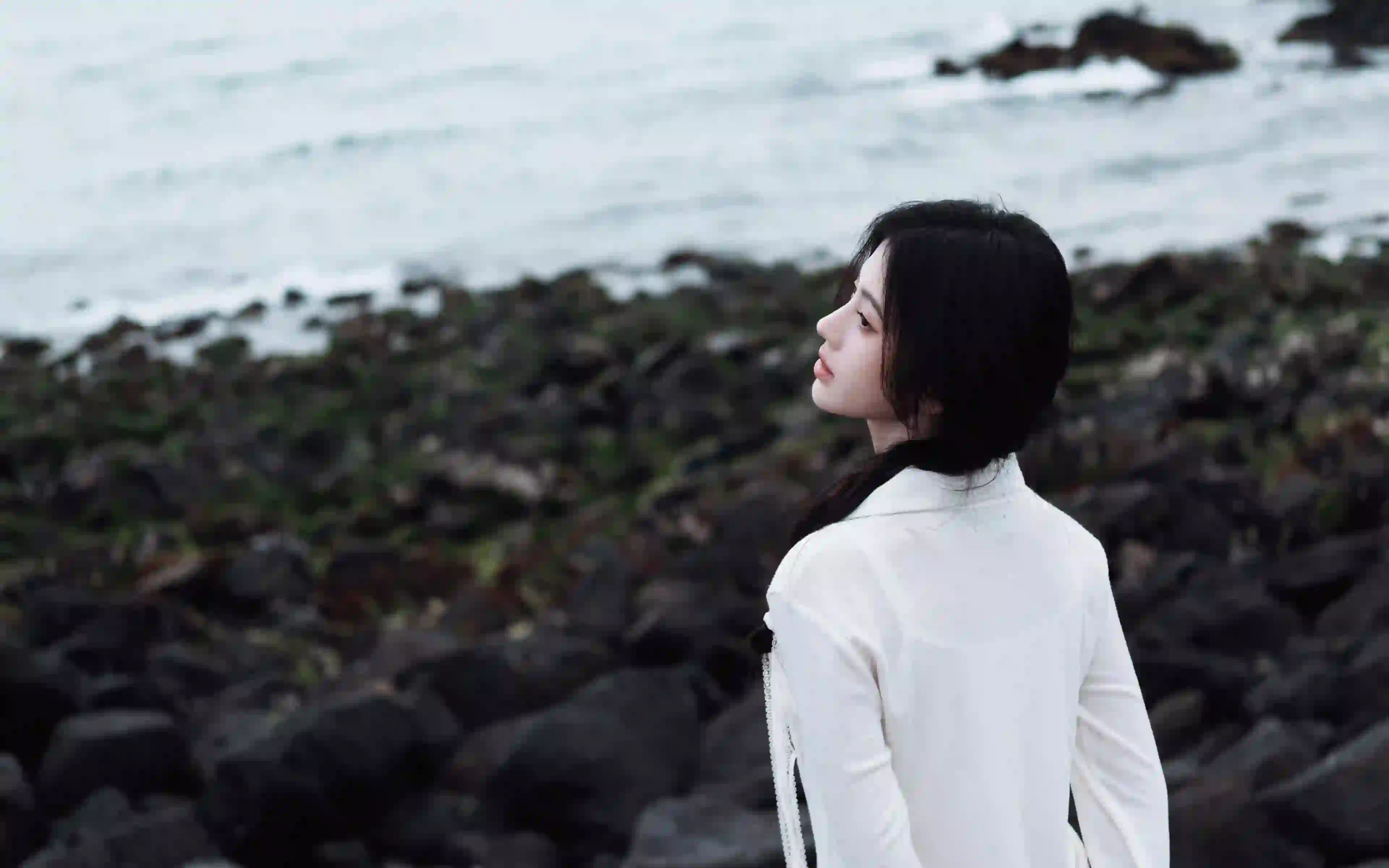 鞠婧祎背影 唯美 4K美女壁纸  海边