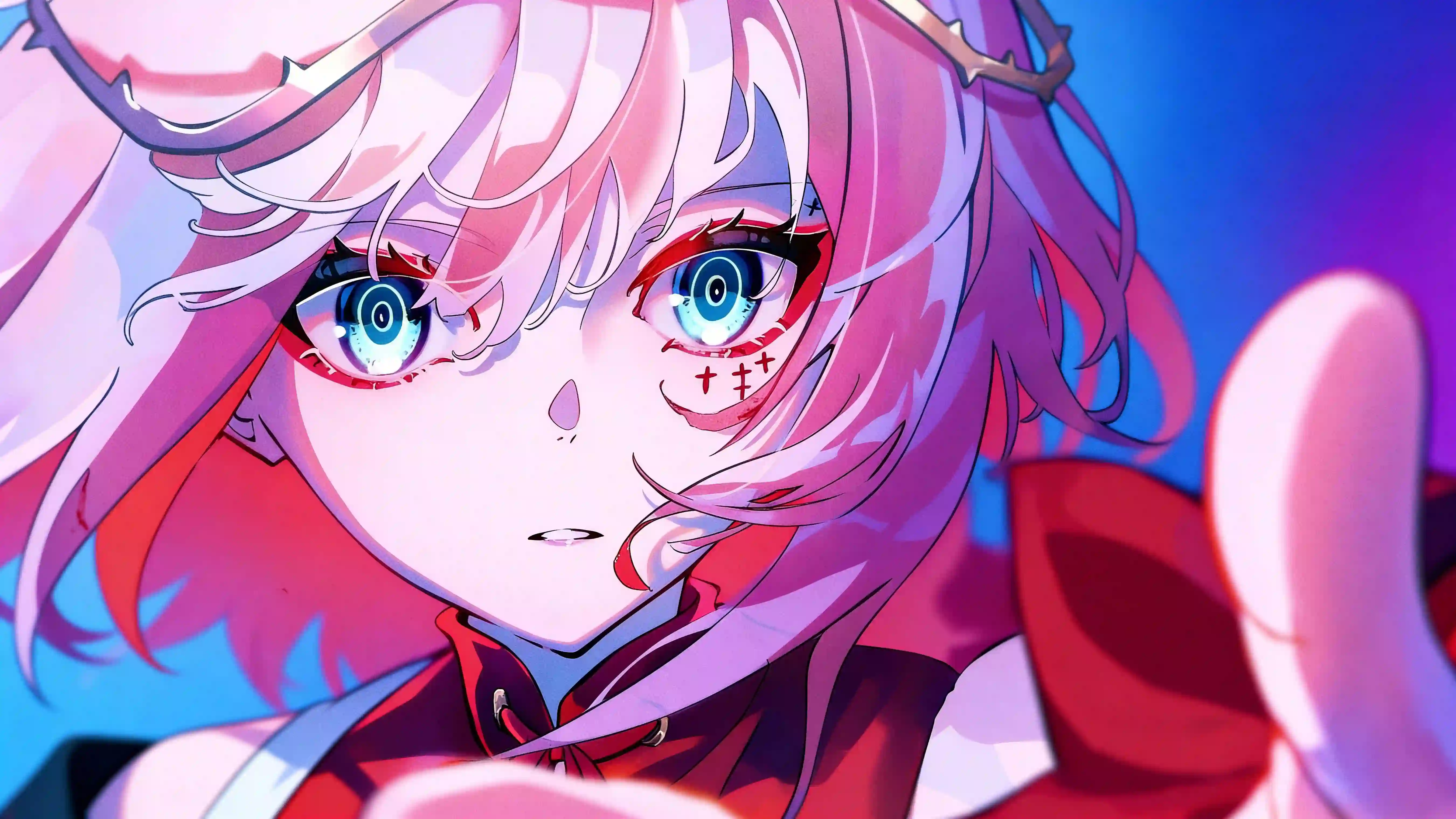 粉色长发血痕少女 二次元暗黑插画