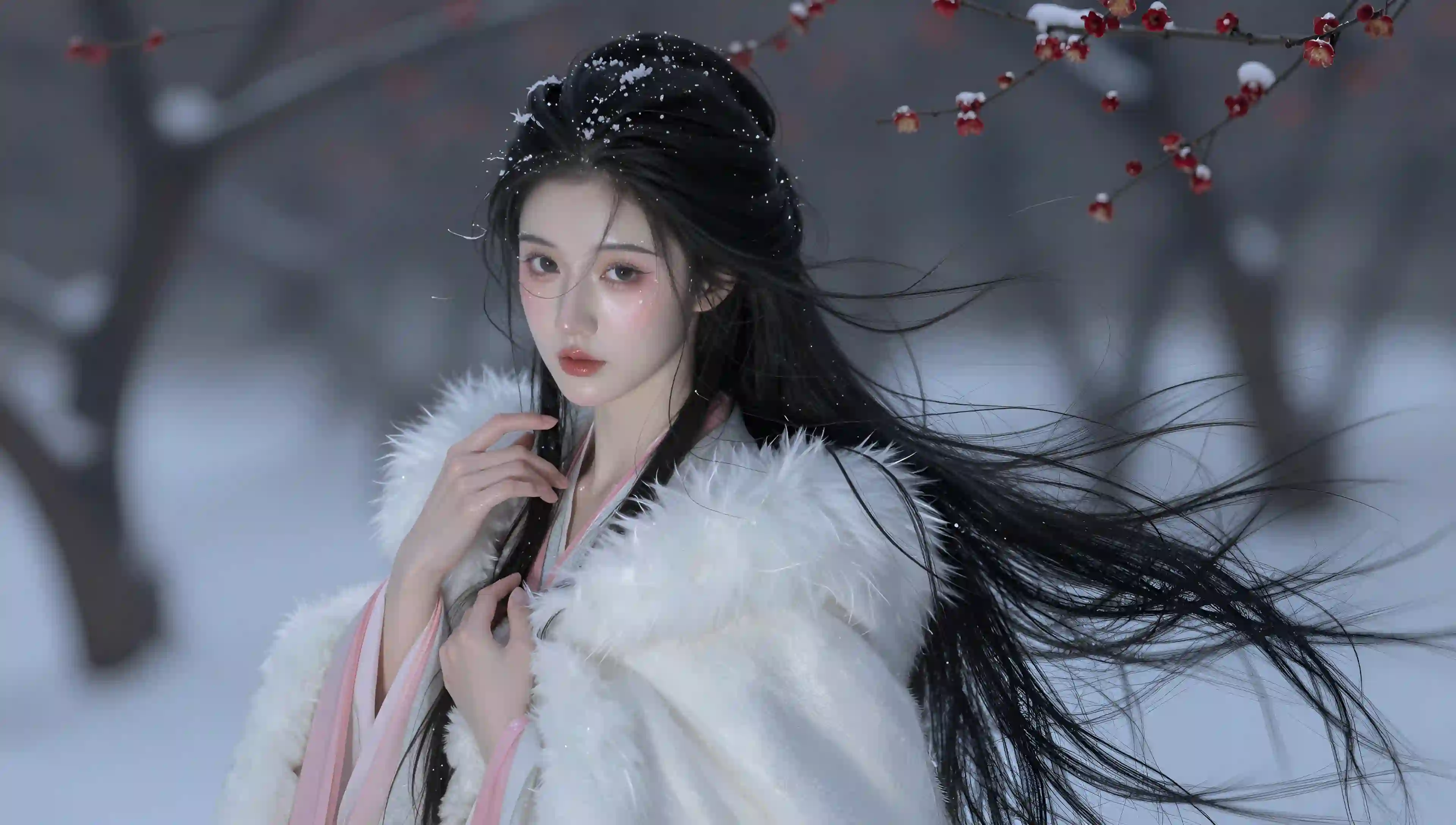 雪 古风 美女 白色 汉服 梅花 冬季