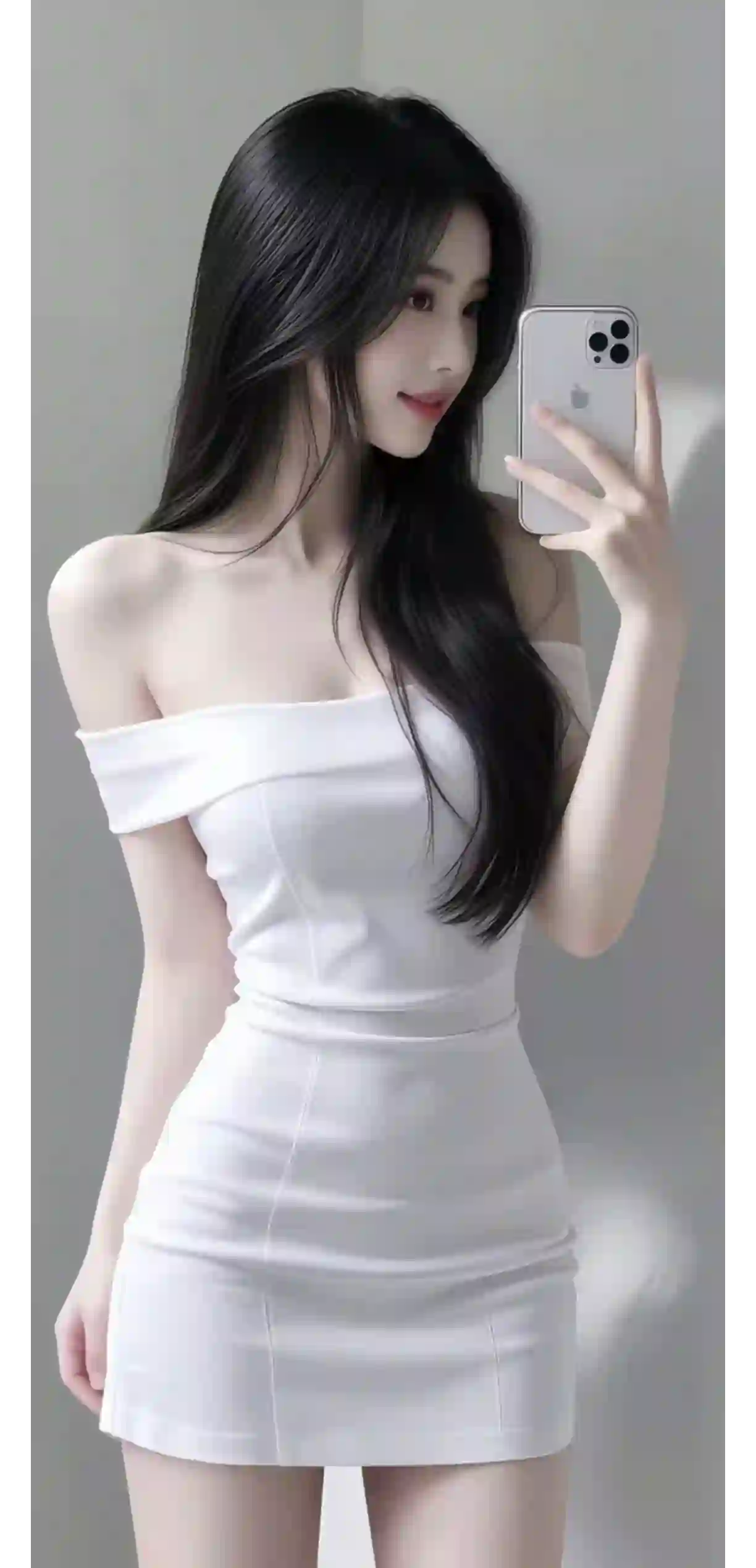 白色露肩裙 黑长发 美女 自拍 手机壁纸