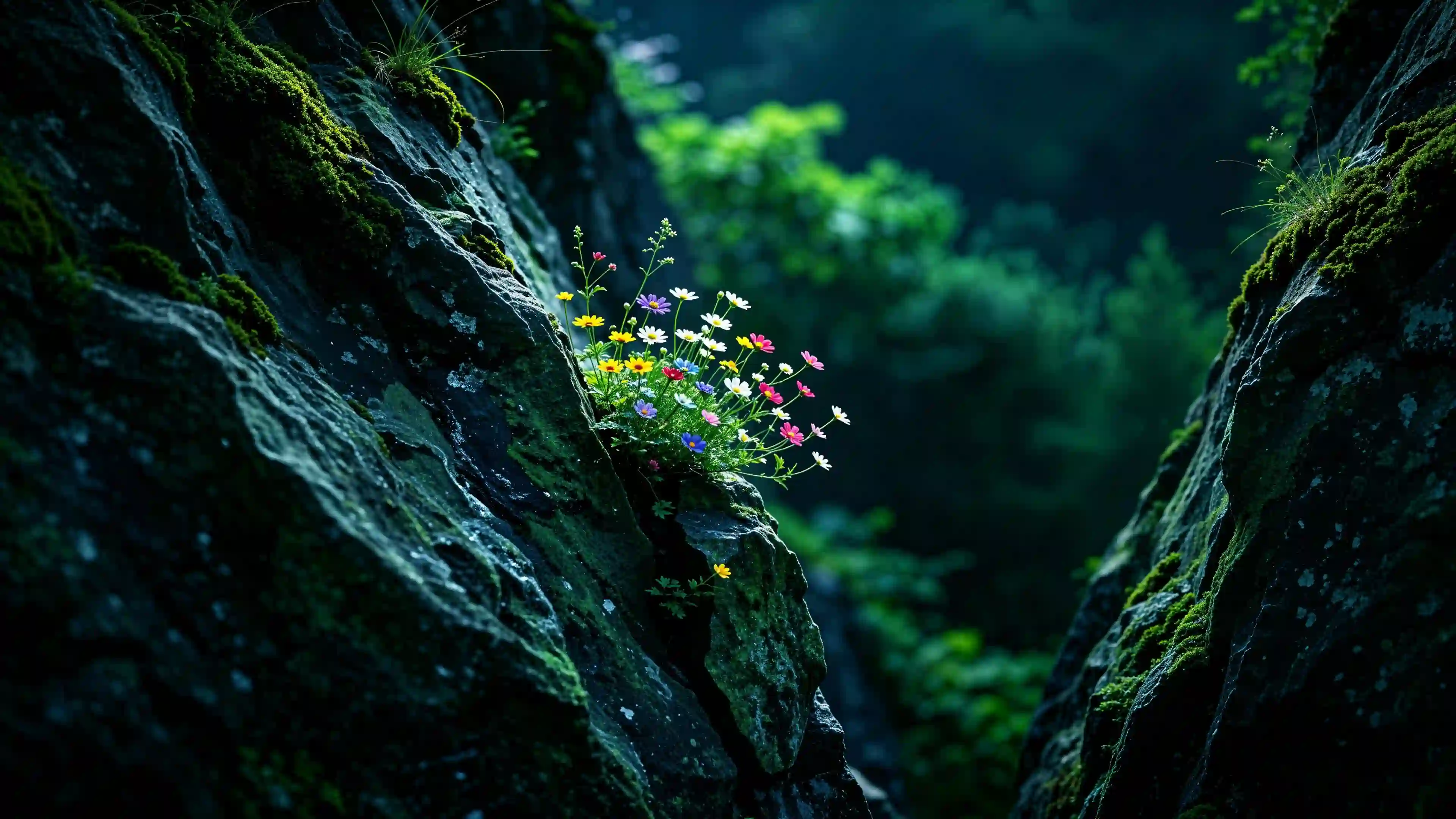 彩色野花 岩石苔藓 峡谷森林 治愈风景 自然风光 花卉特写