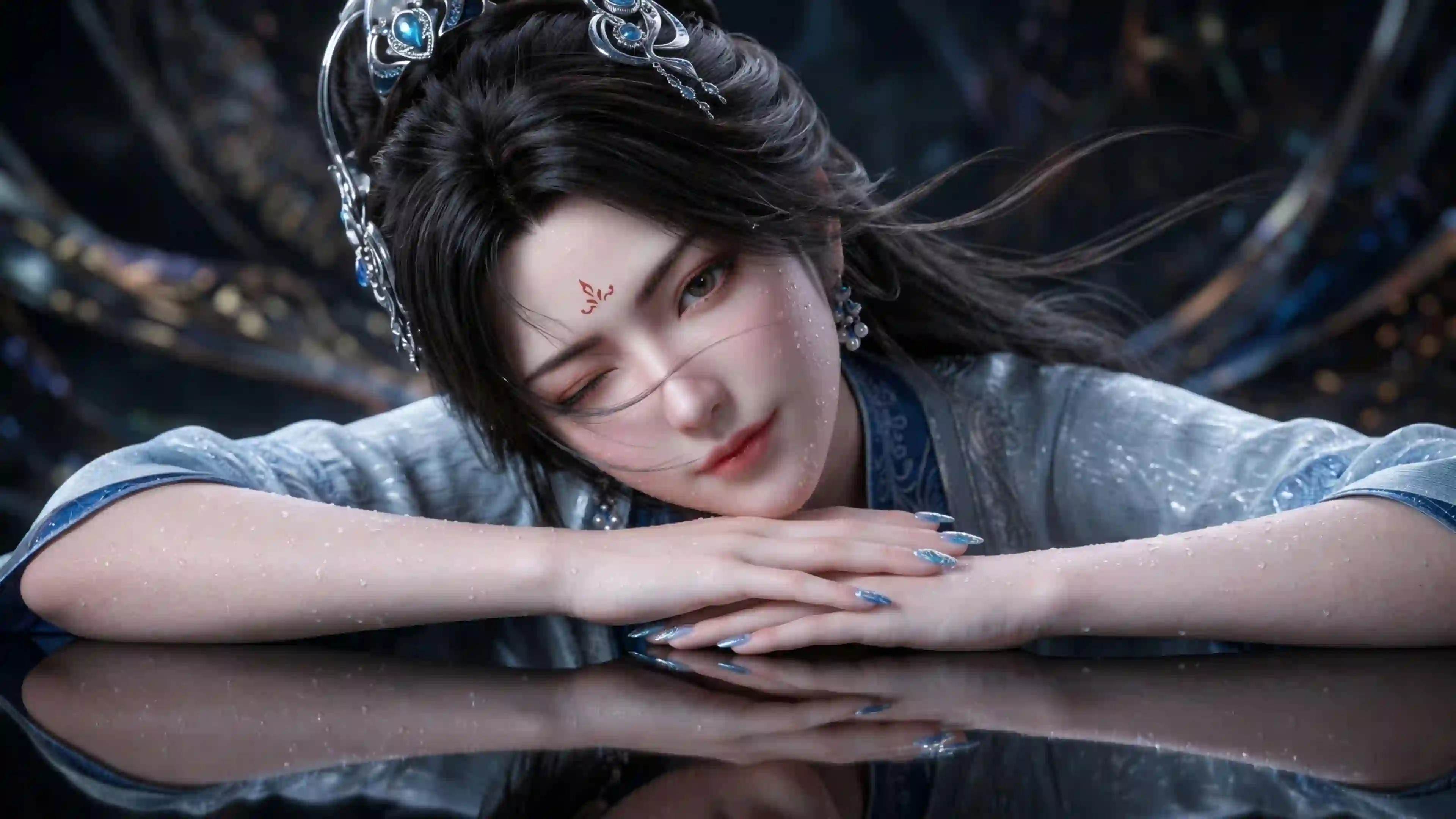 古风仙侠 冷艳美人 湿发倒影 汉服银饰 暗色调