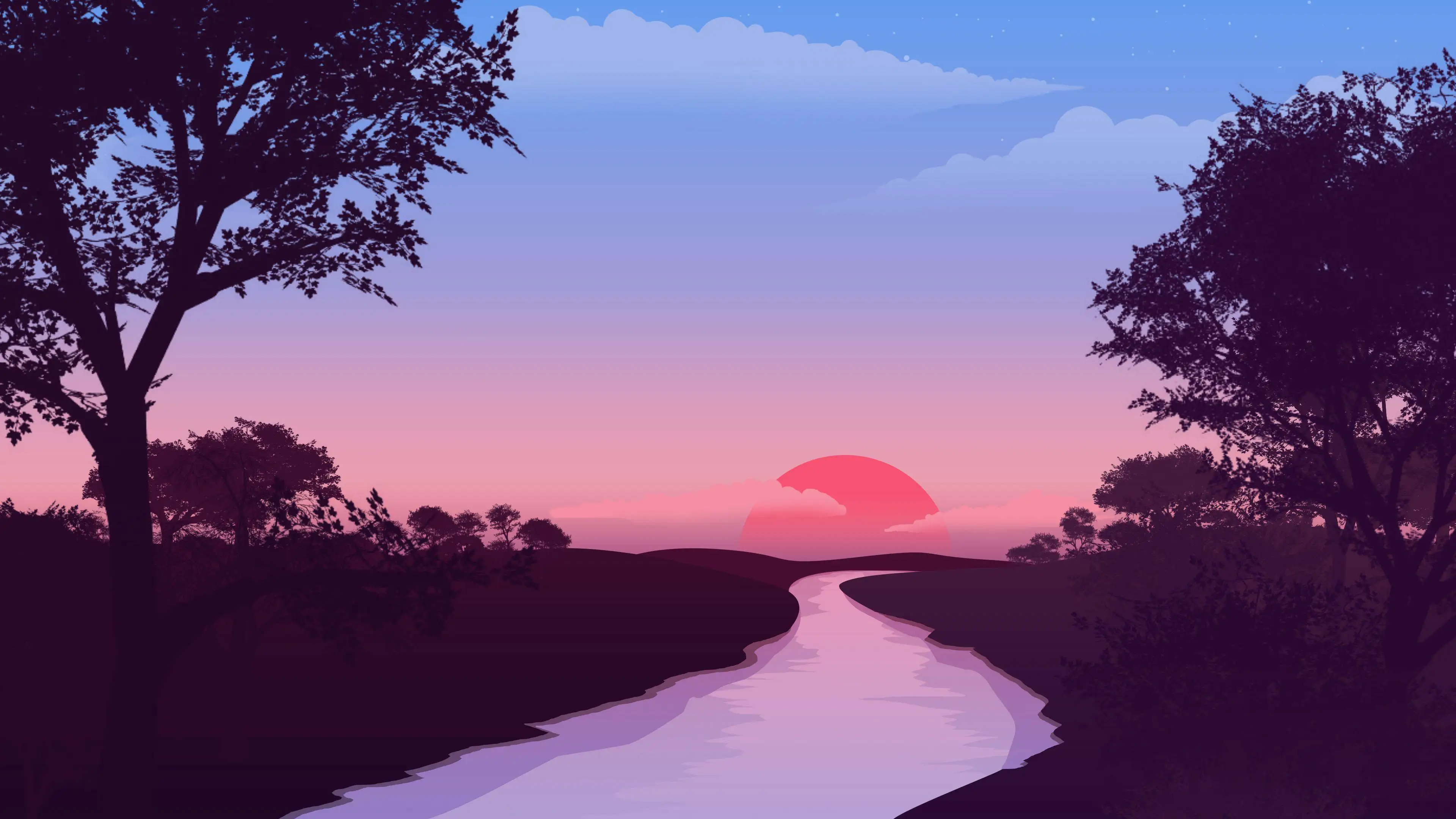 小溪，枝叶茂盛的树，日出的自然风景插画