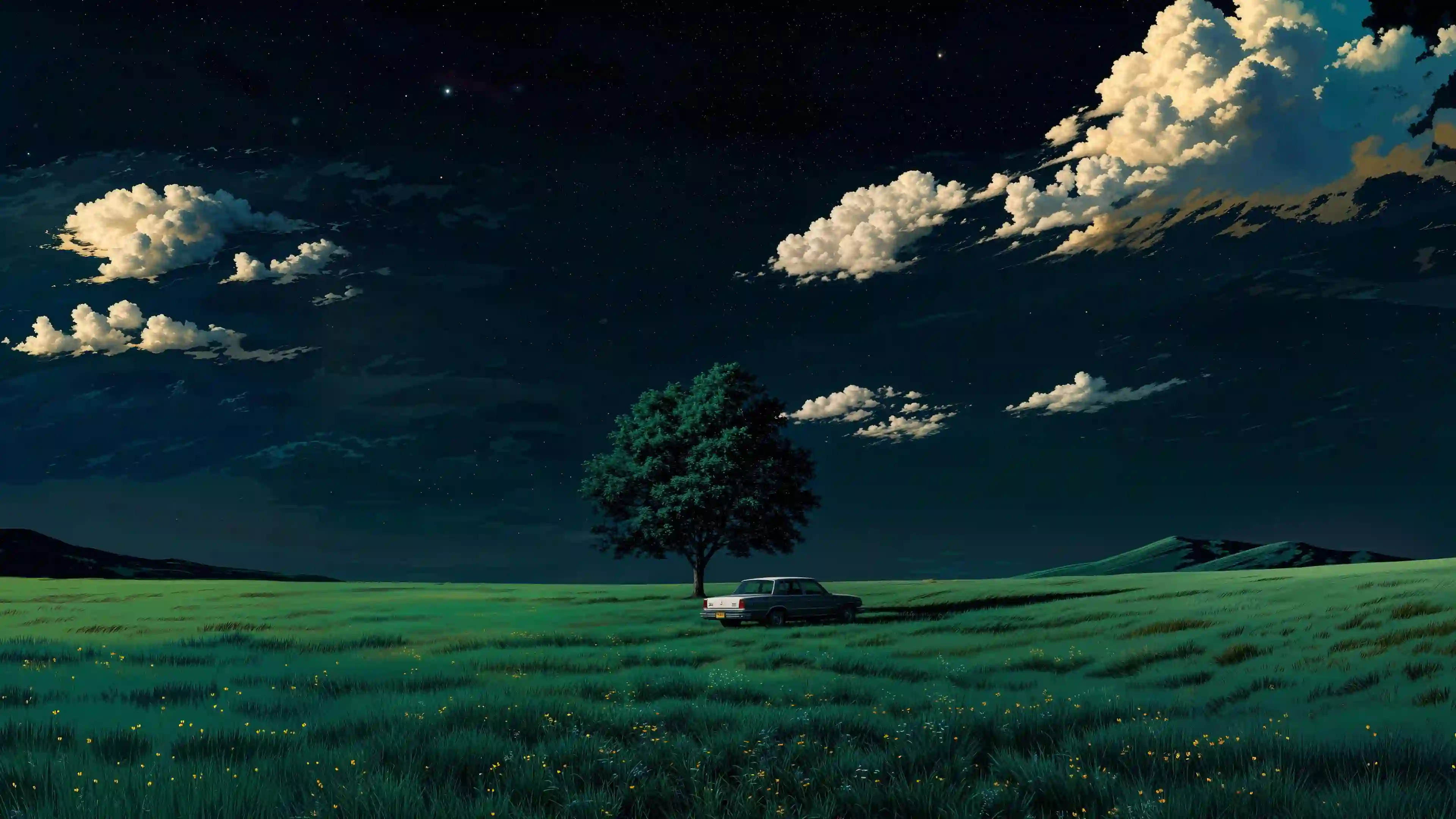 星空 夜景 草地 插画 孤树 汽车 自然风光