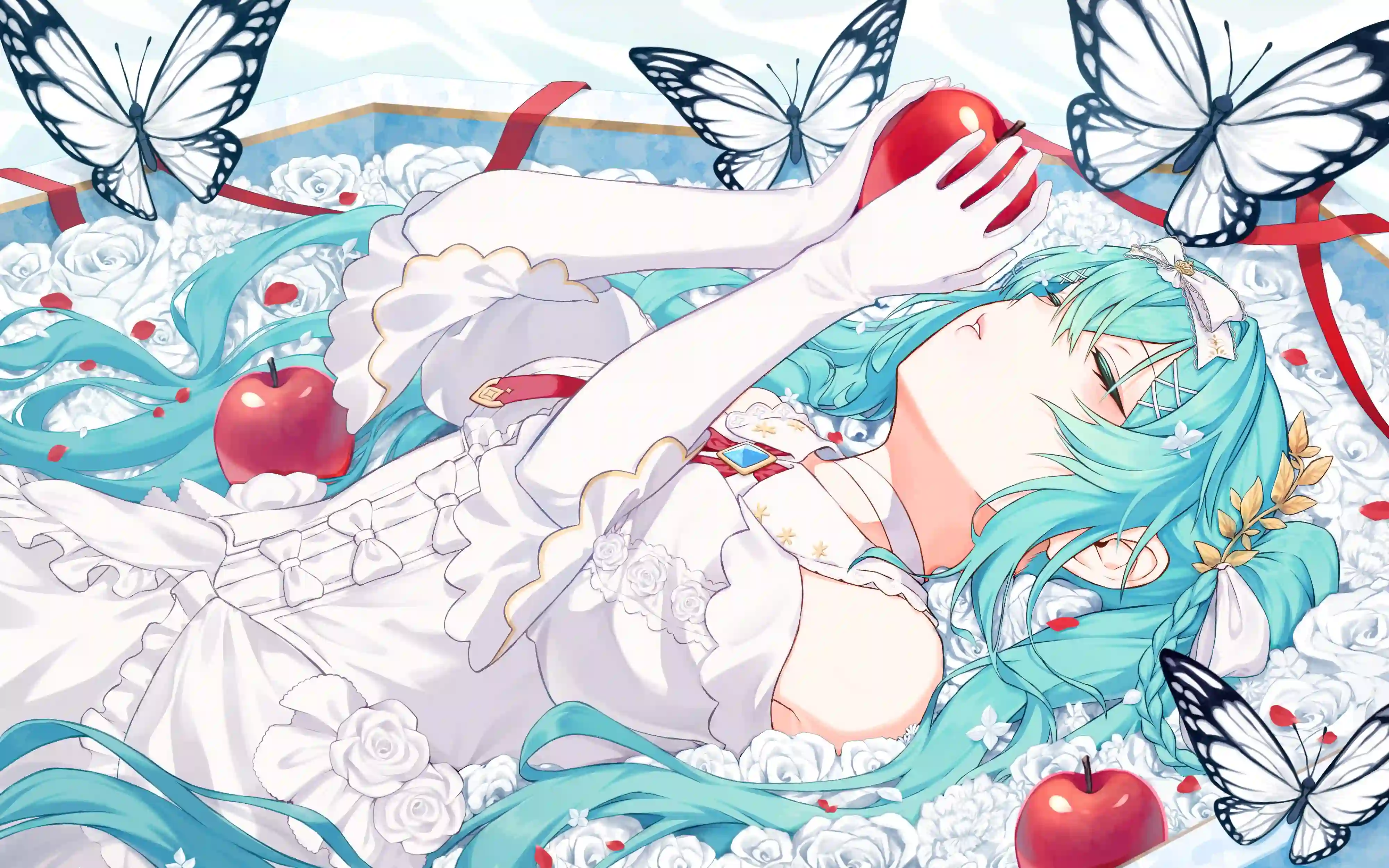 miku 丝带 初音未来 动漫 二次元 蝴蝶 苹果 蓝色头发
