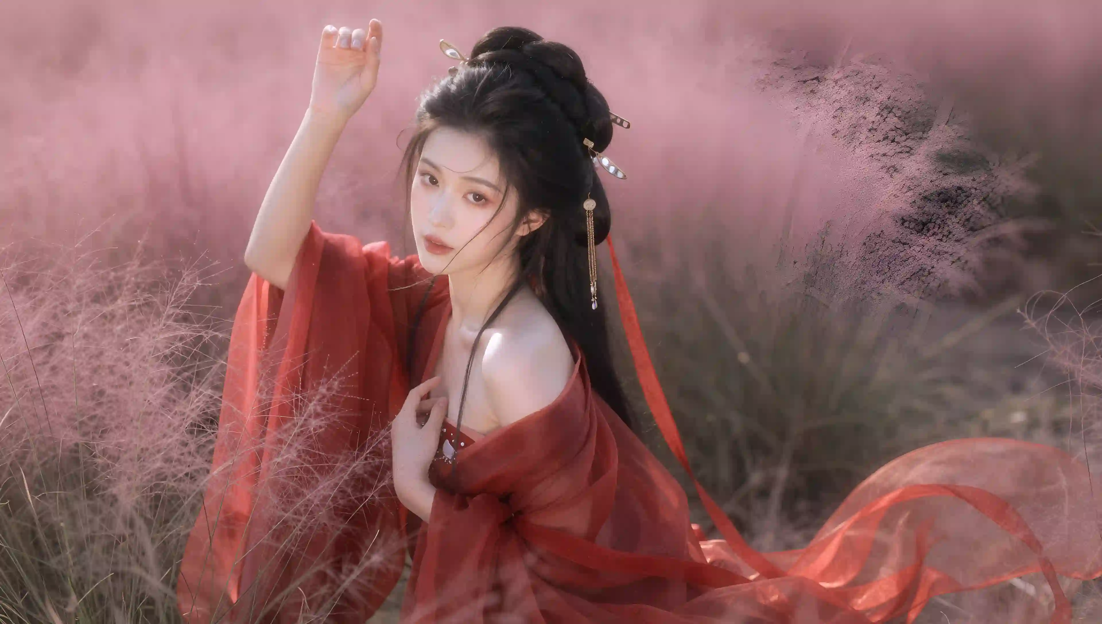 红衣 汉服 女子 粉色 雾气 唯美 古风 写真