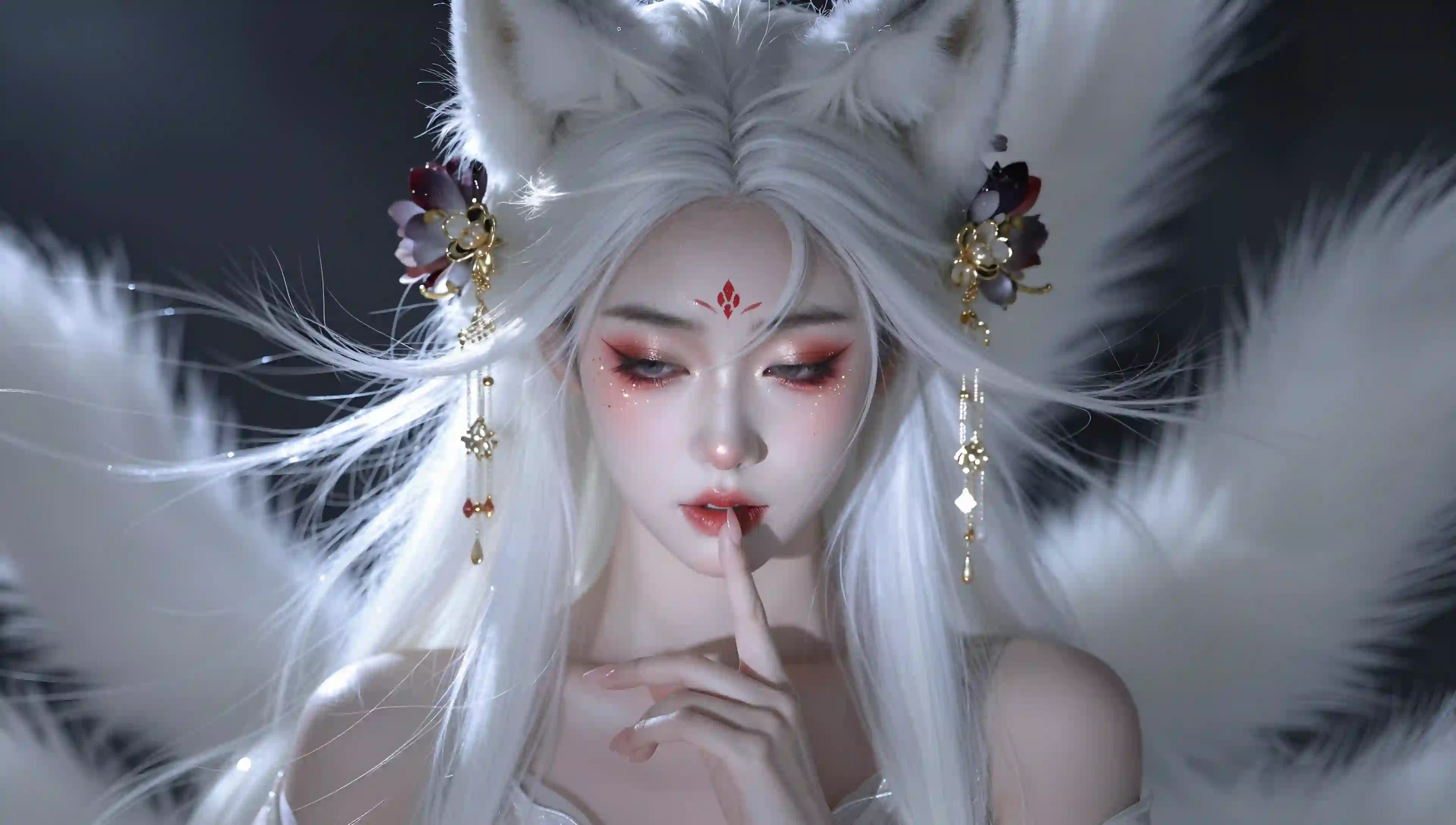 白发狐妖 古风cosplay 仙子 金色饰品 精致妆容 氛围感