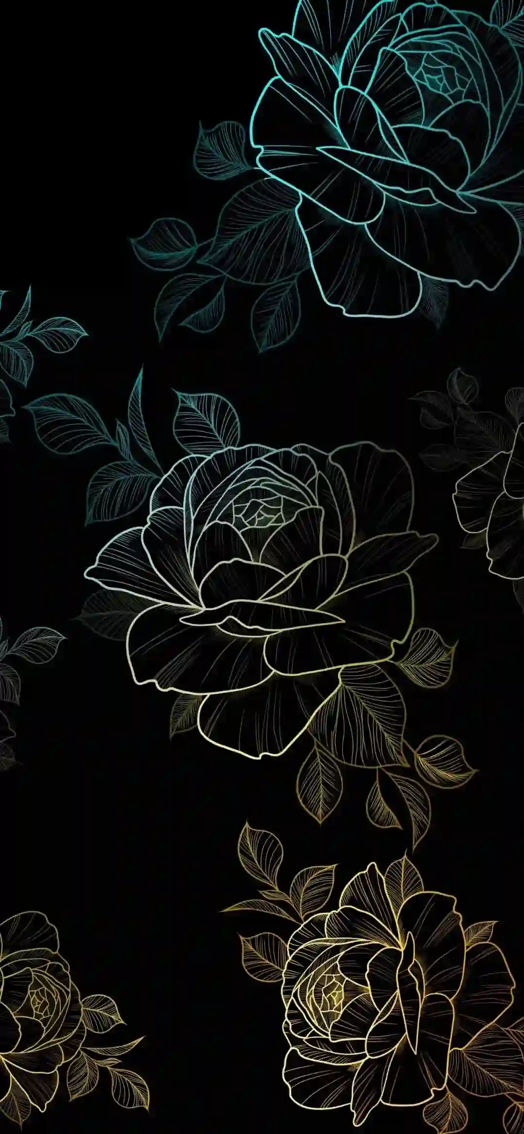 玫瑰花纹 线条艺术 黑色背景 发光花卉 渐变色 壁纸