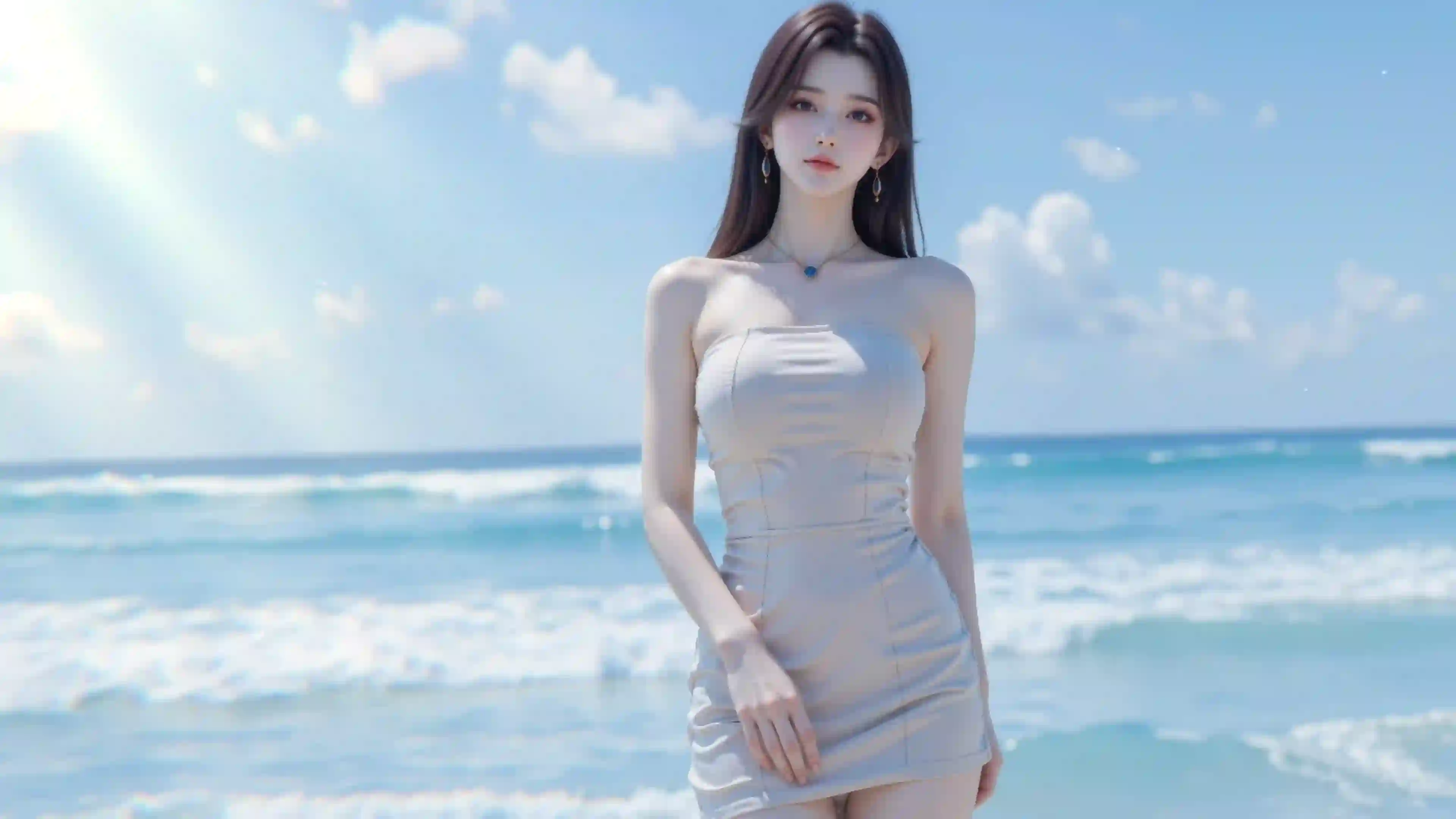 ai 长发性感美女 海水 在海边的长发性感美女 抹胸美女
