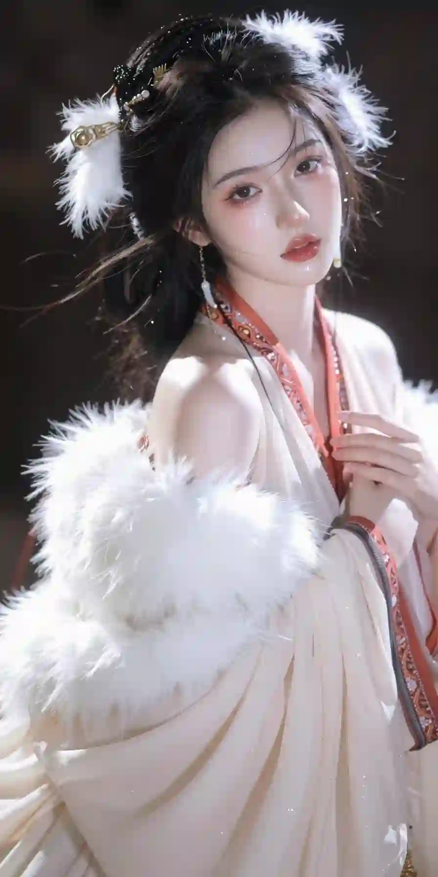 长发美女 AI 古风汉服美女 白色毛茸茸汉服